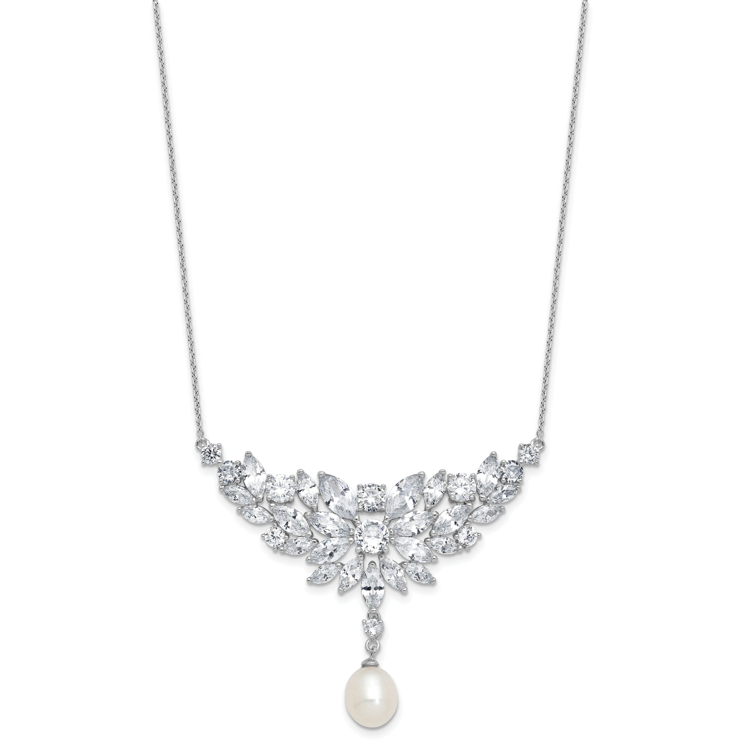Cheryl M Sterling Silver Rhodium-plated Polished Fancy Freshwater Cultured Pearl and CZ Necklace