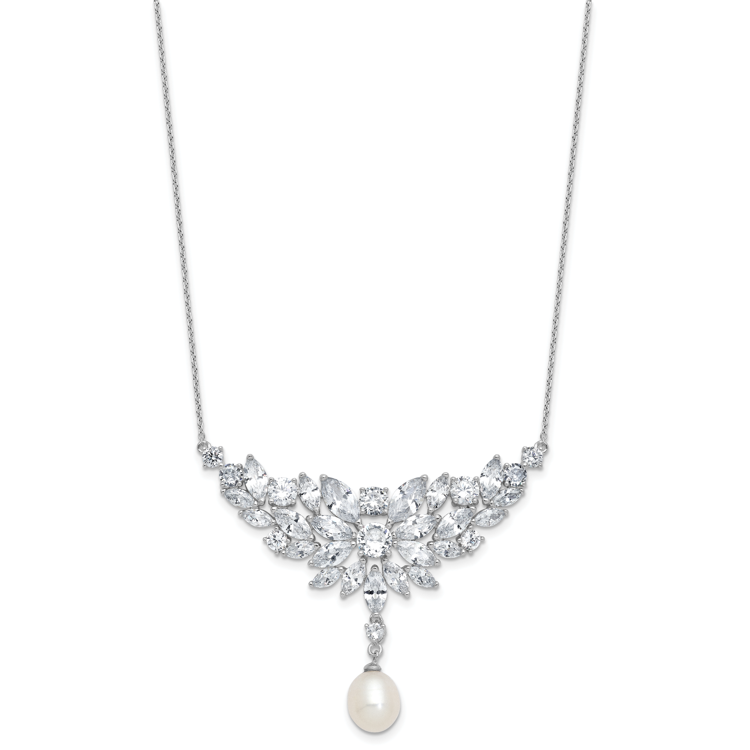 Cheryl M Sterling Silver Rhodium-plated Polished Fancy Freshwater Cultured Pearl and CZ Necklace Secondary image