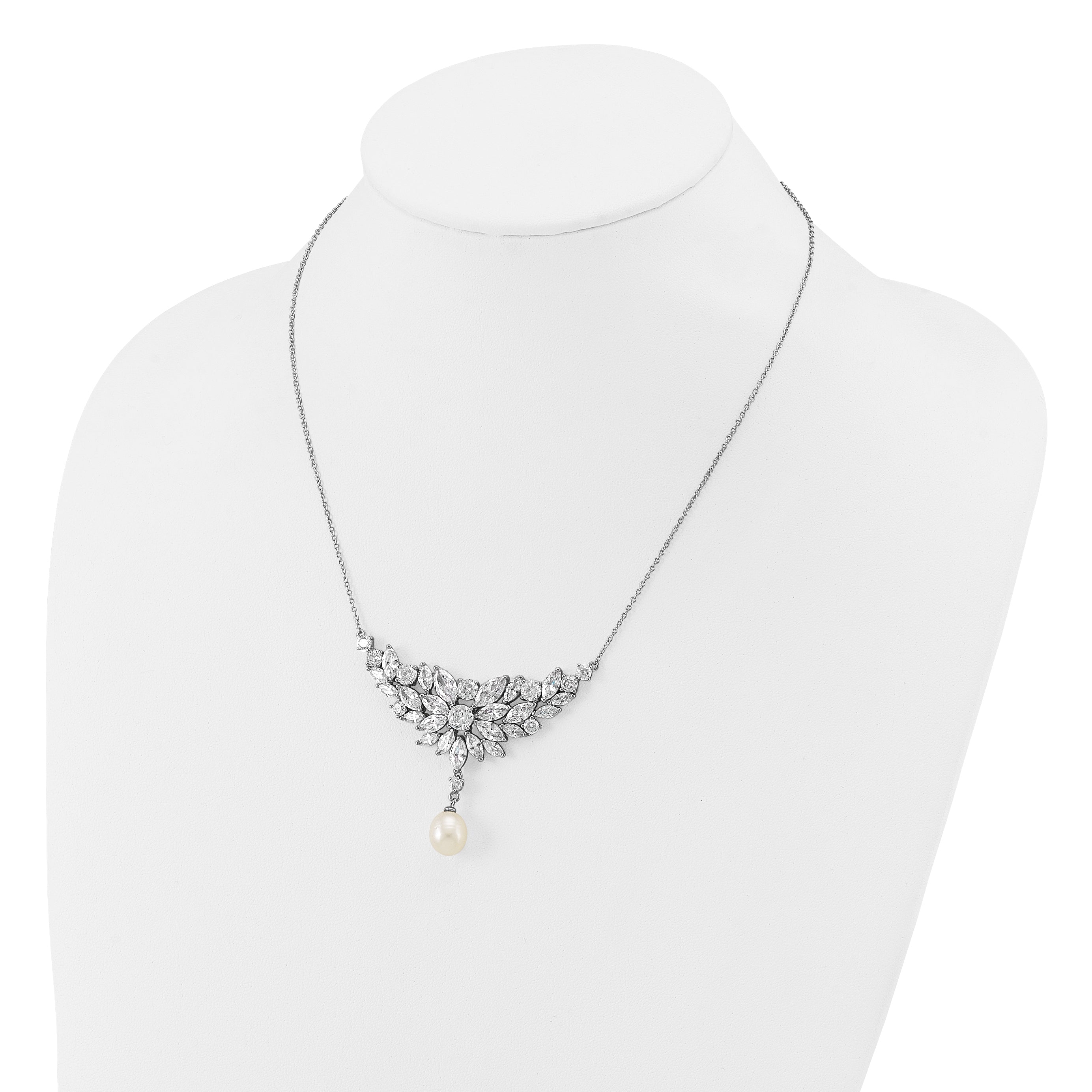 Cheryl M Sterling Silver Rhodium-plated Polished Fancy Freshwater Cultured Pearl and CZ Necklace