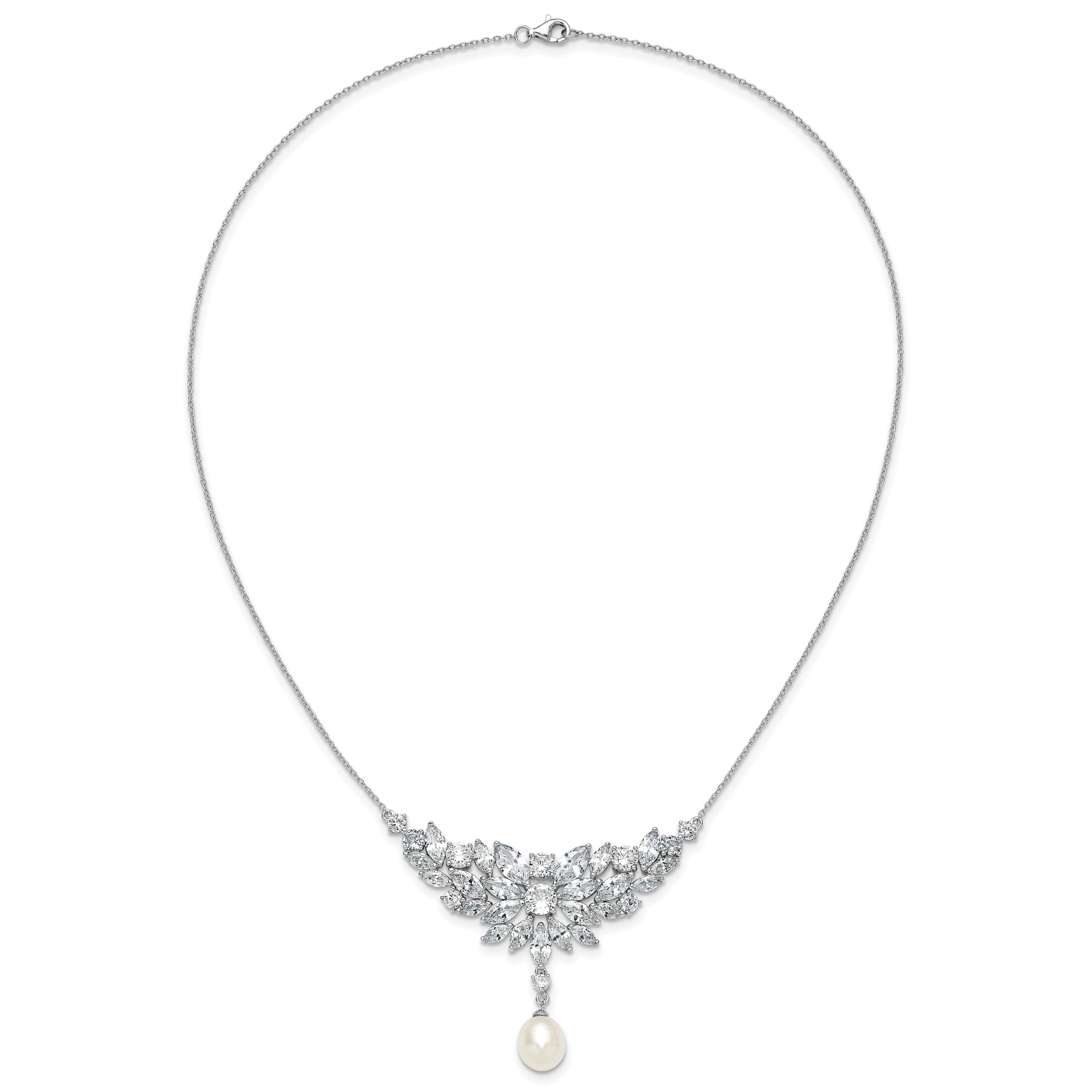 Cheryl M Sterling Silver Rhodium-plated Polished Fancy Freshwater Cultured Pearl and CZ Necklace