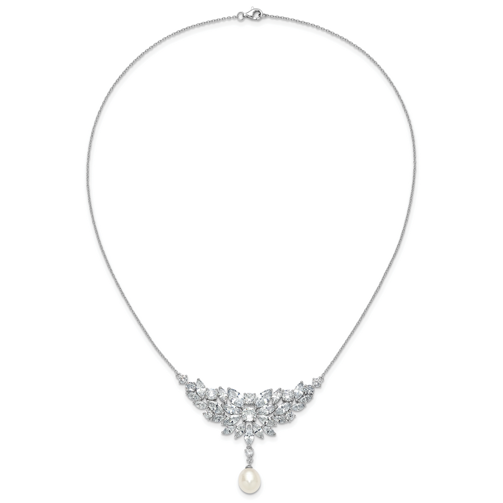 Cheryl M Sterling Silver Rhodium-plated Polished Fancy Freshwater Cultured Pearl and CZ Necklace