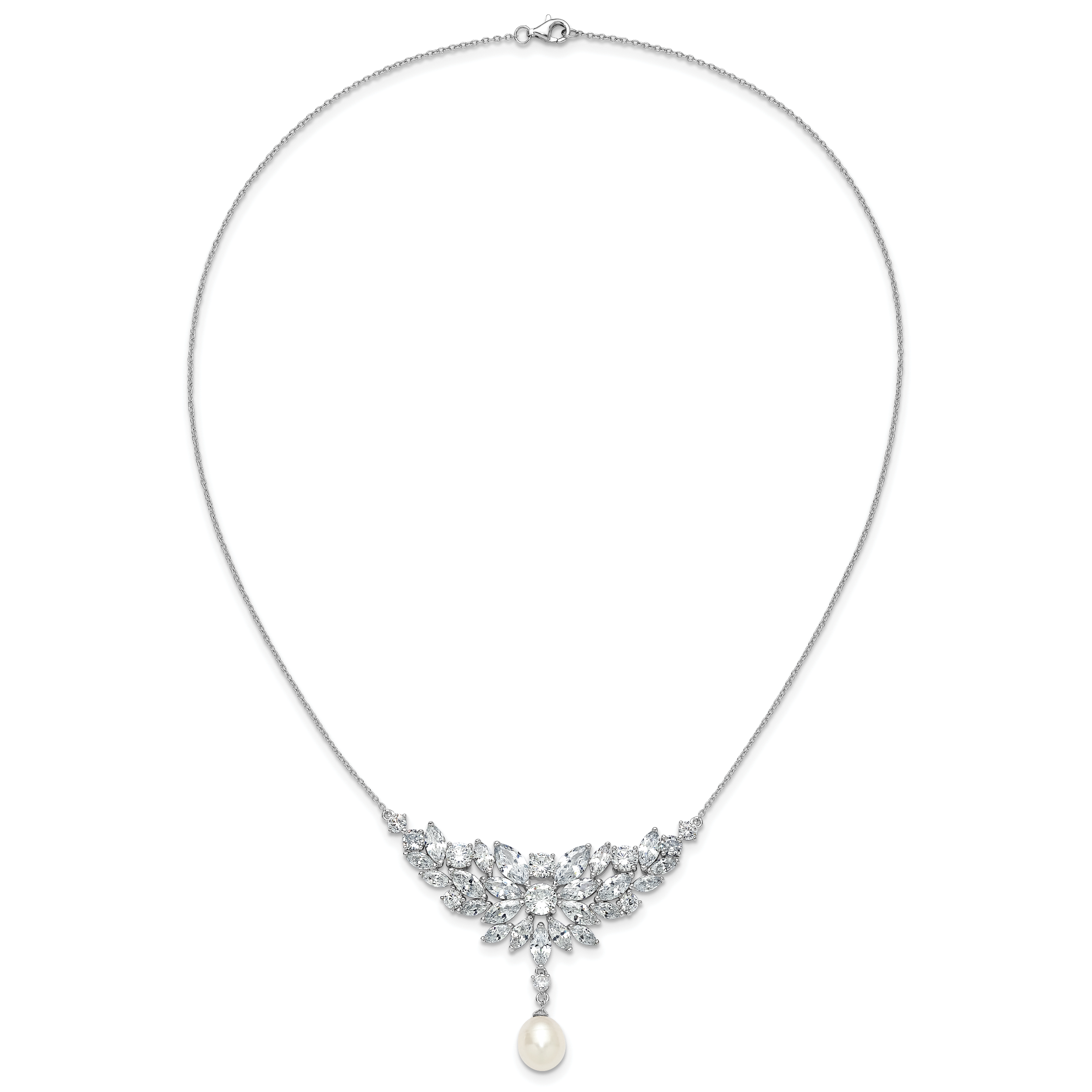 Cheryl M Sterling Silver Rhodium-plated Polished Fancy Freshwater Cultured Pearl and CZ Necklace
