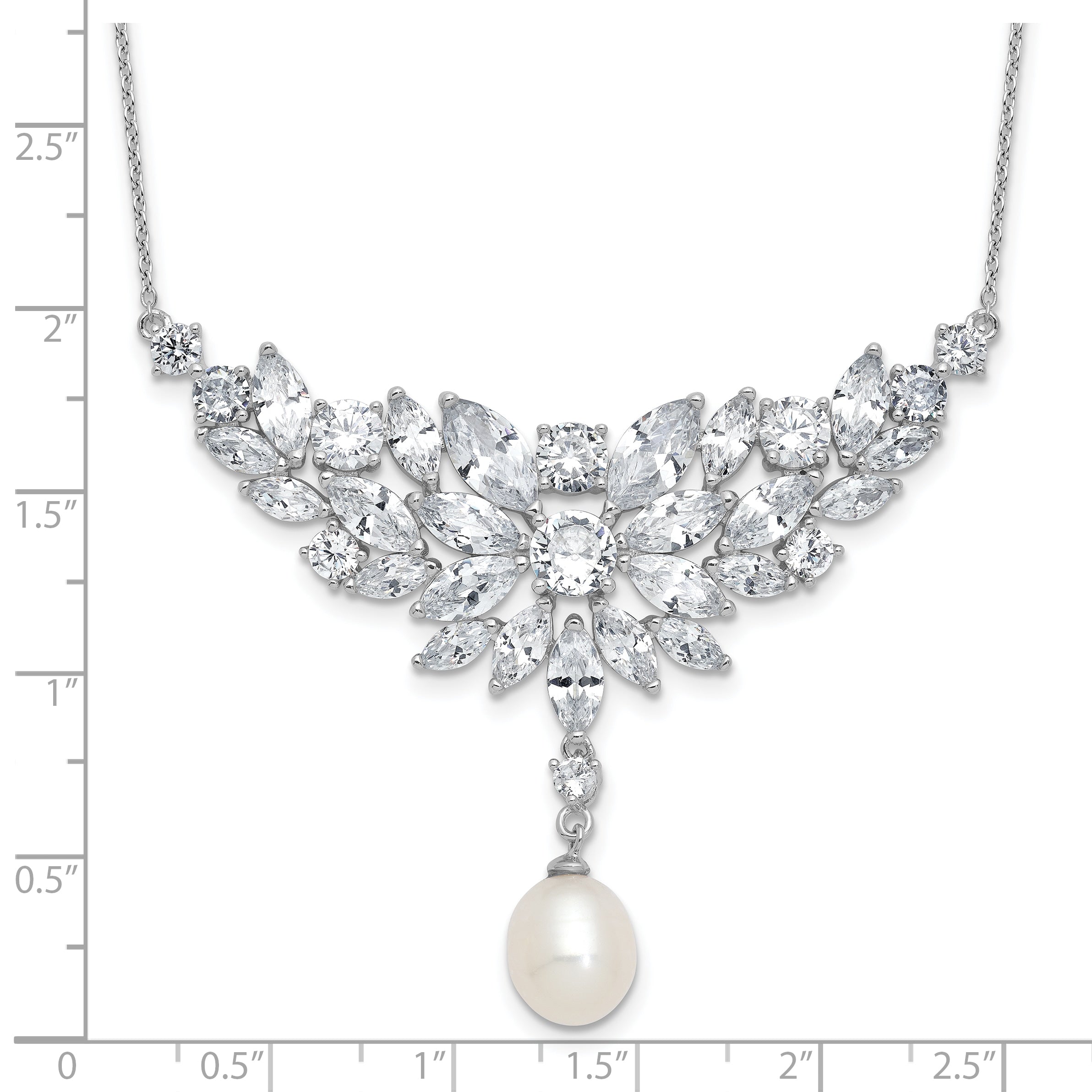 Cheryl M Sterling Silver Rhodium-plated Polished Fancy Freshwater Cultured Pearl and CZ Necklace