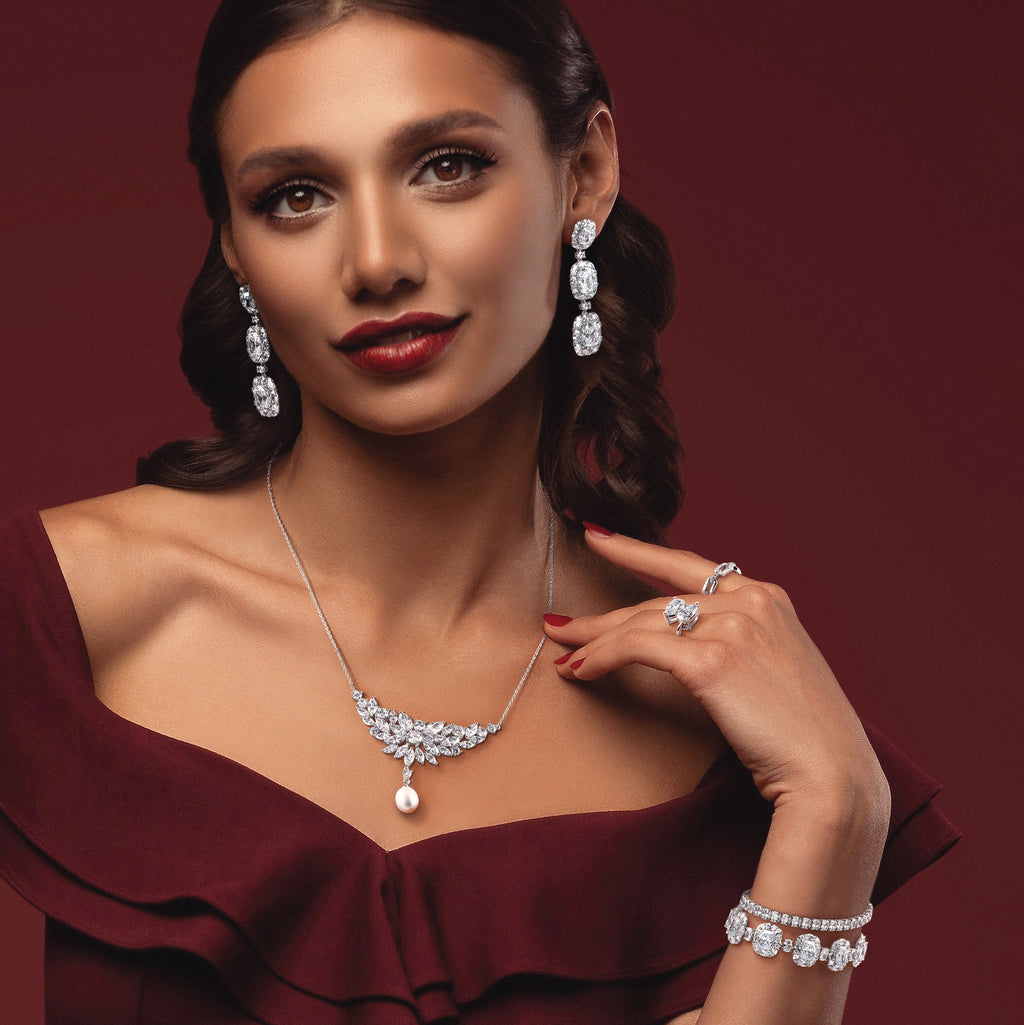 Cheryl M Sterling Silver Rhodium-plated Polished Fancy Freshwater Cultured Pearl and CZ Necklace