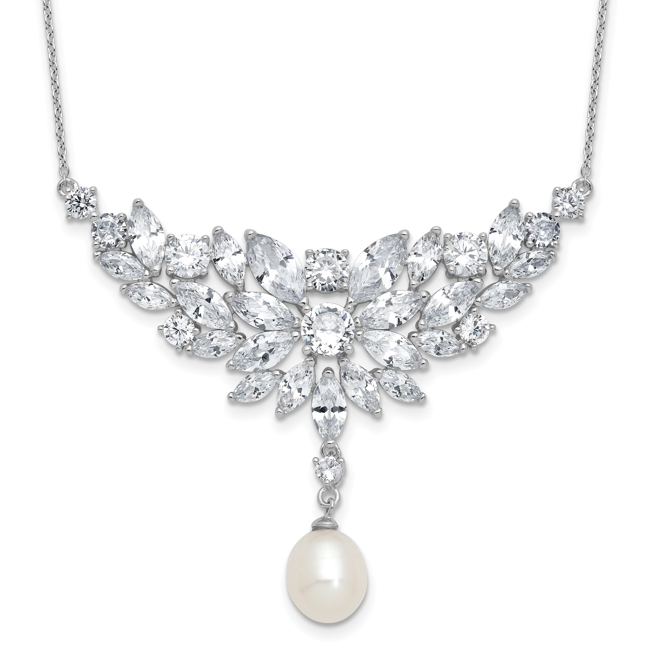 Cheryl M Sterling Silver Rhodium-plated Polished Fancy Freshwater Cultured Pearl and CZ Necklace