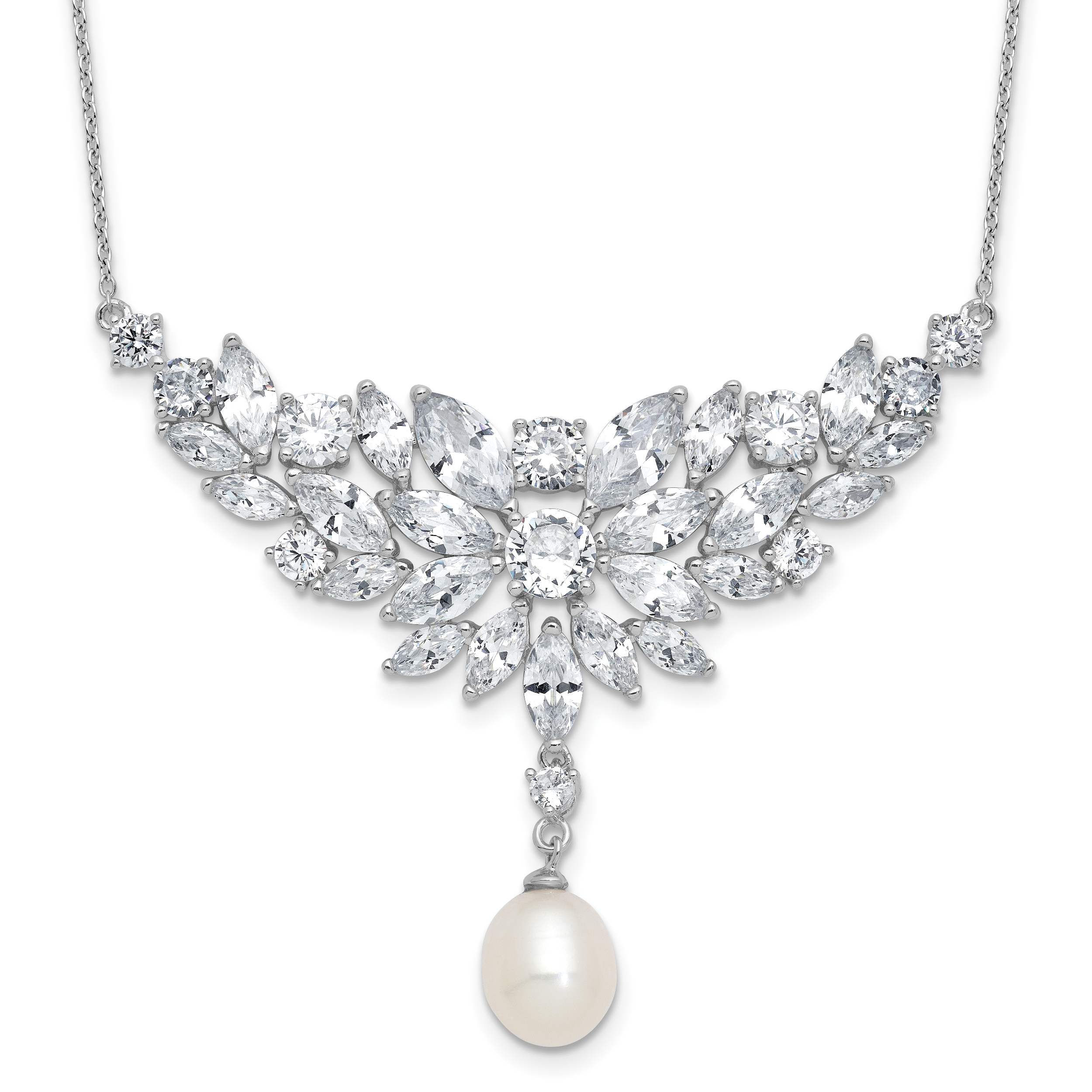 Cheryl M Sterling Silver Rhodium-plated Polished Fancy Freshwater Cultured Pearl and CZ Necklace Main image