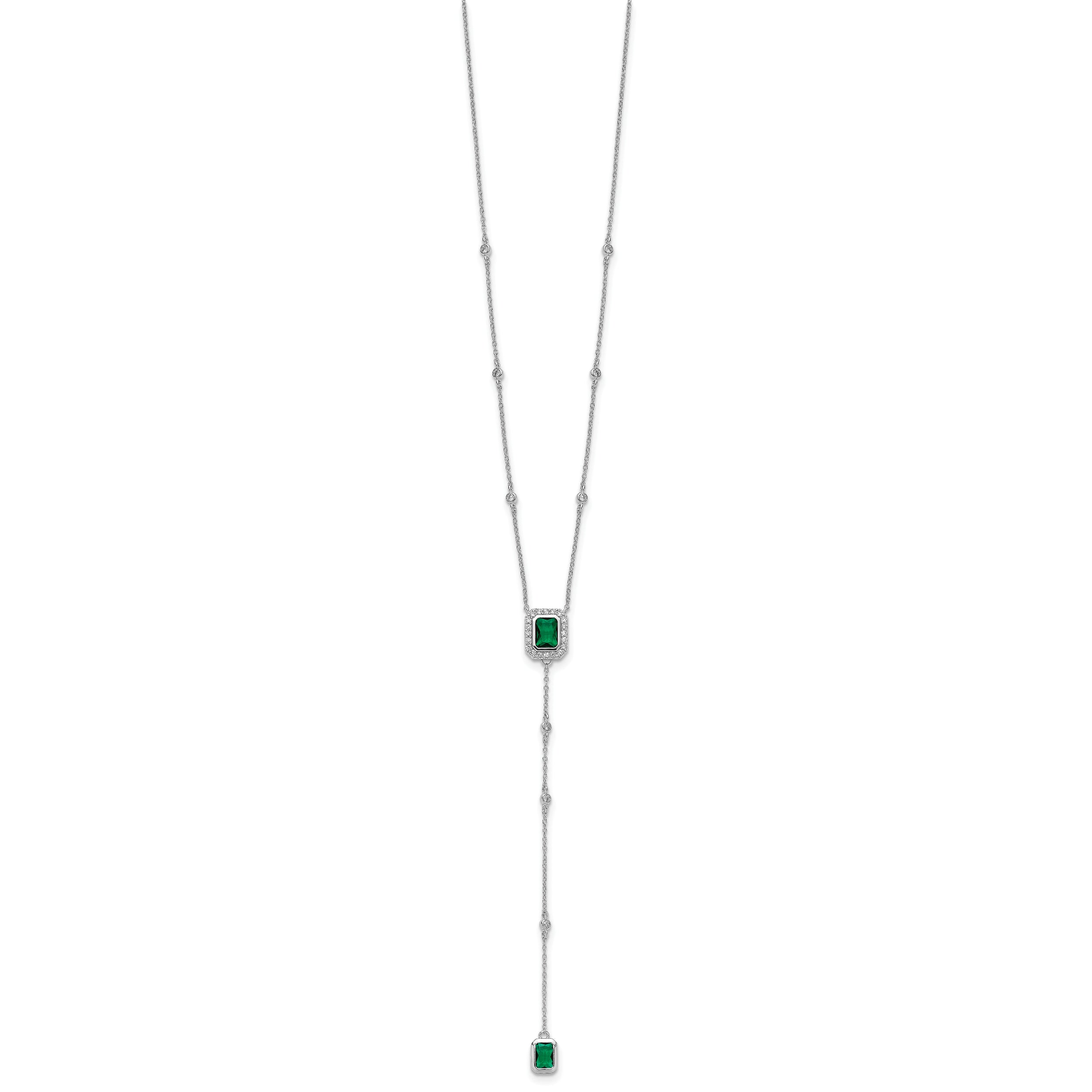 Cheryl M Sterling Silver Rhodium-plated Polished Fancy Green Glass and CZ Lariat Necklace