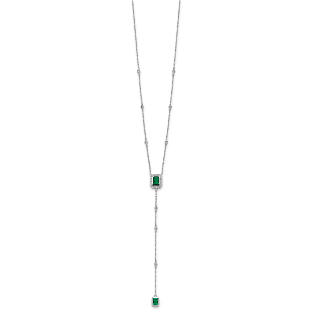 Cheryl M Sterling Silver Rhodium-plated Polished Fancy Green Glass and CZ Lariat Necklace
