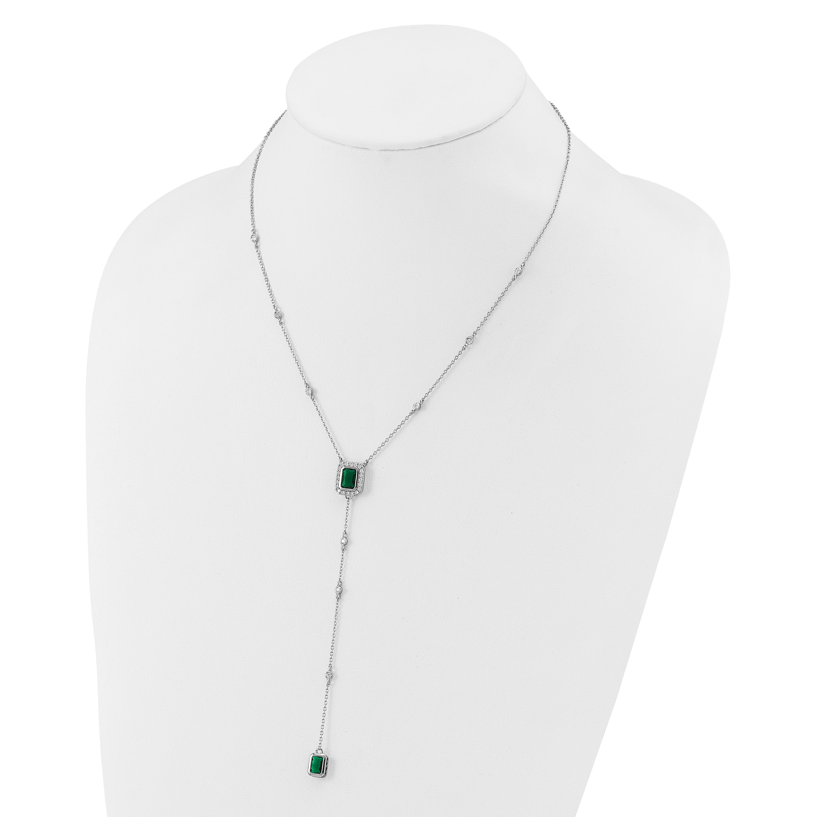 Cheryl M Sterling Silver Rhodium-plated Polished Fancy Green Glass and CZ Lariat Necklace