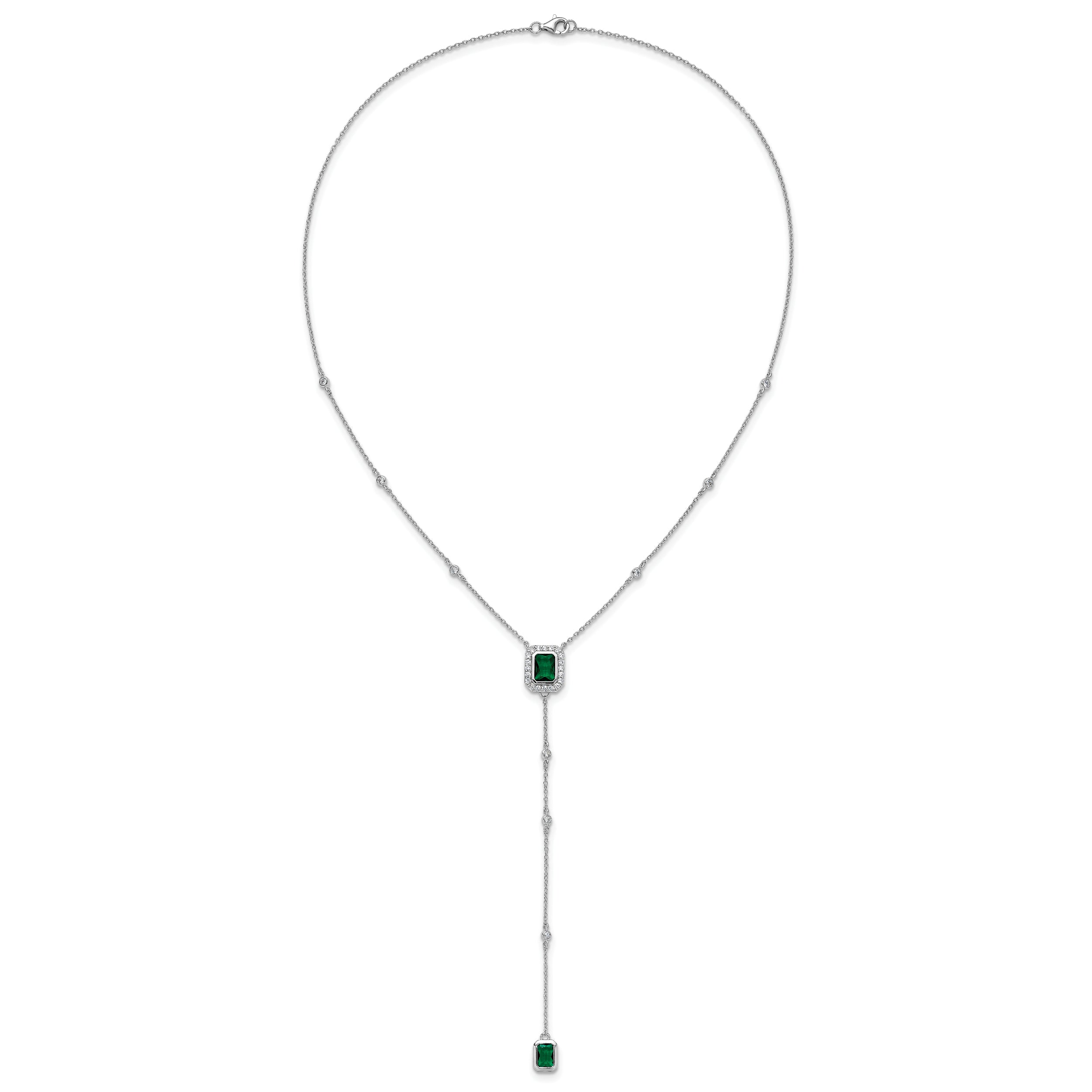 Cheryl M Sterling Silver Rhodium-plated Polished Fancy Green Glass and CZ Lariat Necklace