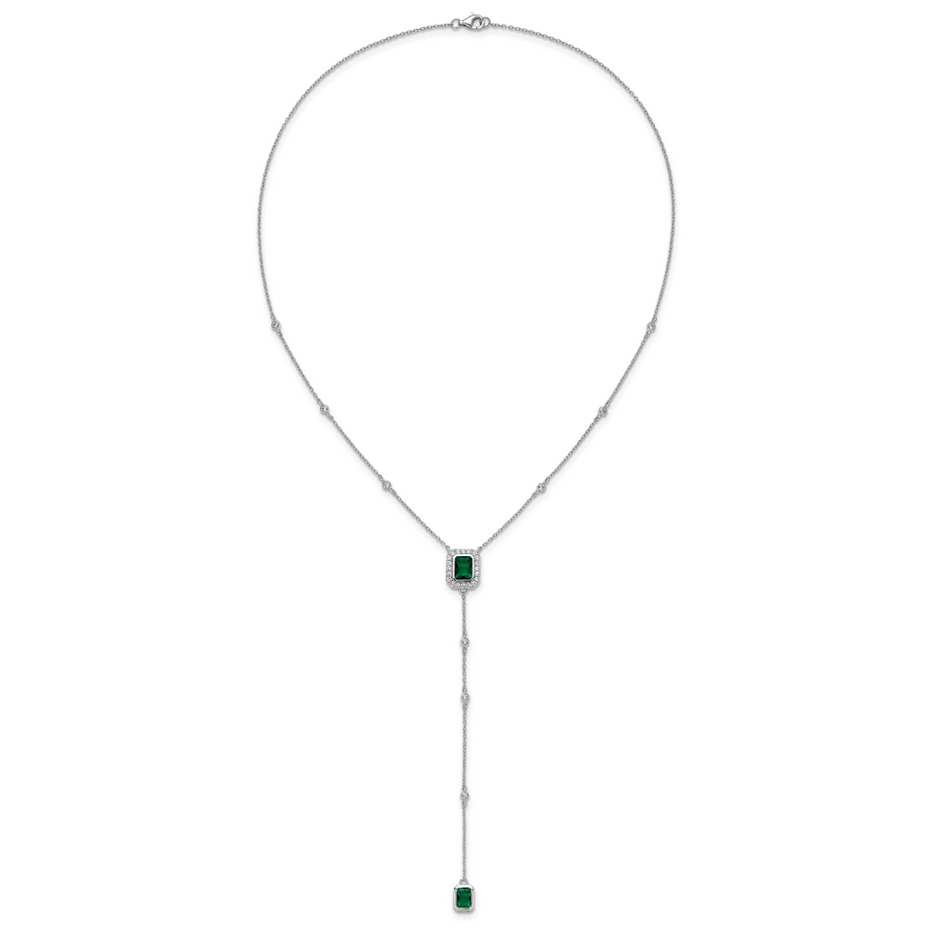 Cheryl M Sterling Silver Rhodium-plated Polished Fancy Green Glass and CZ Lariat Necklace
