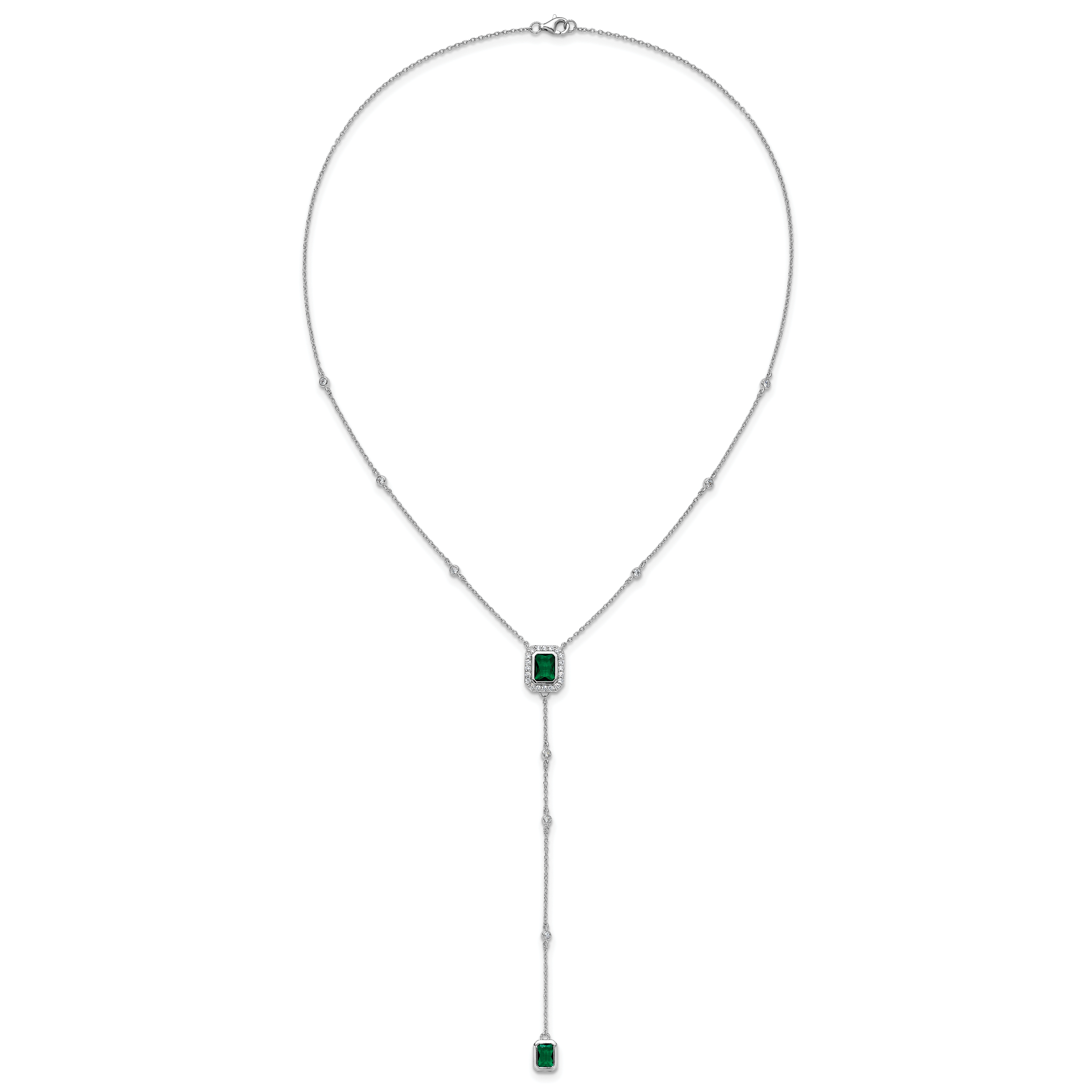 Cheryl M Sterling Silver Rhodium-plated Polished Fancy Green Glass and CZ Lariat Necklace