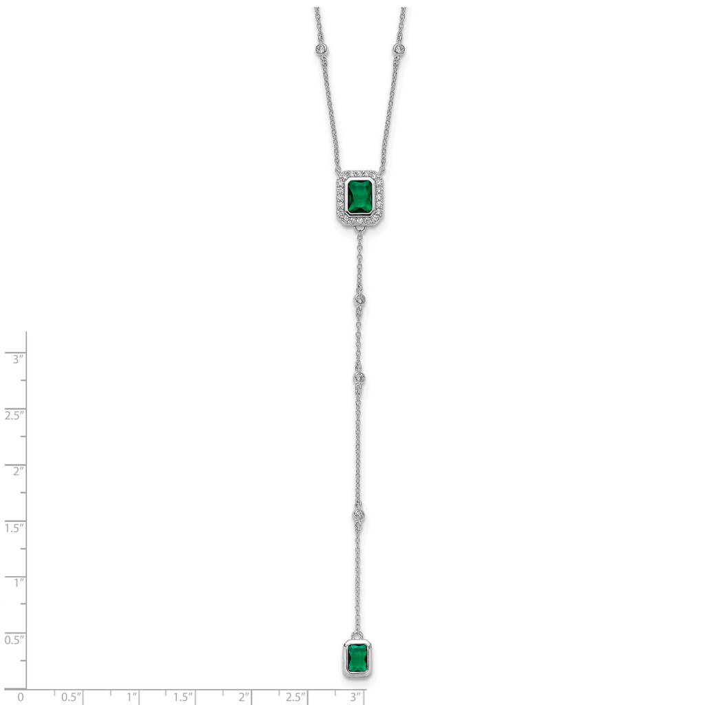 Cheryl M Sterling Silver Rhodium-plated Polished Fancy Green Glass and CZ Lariat Necklace