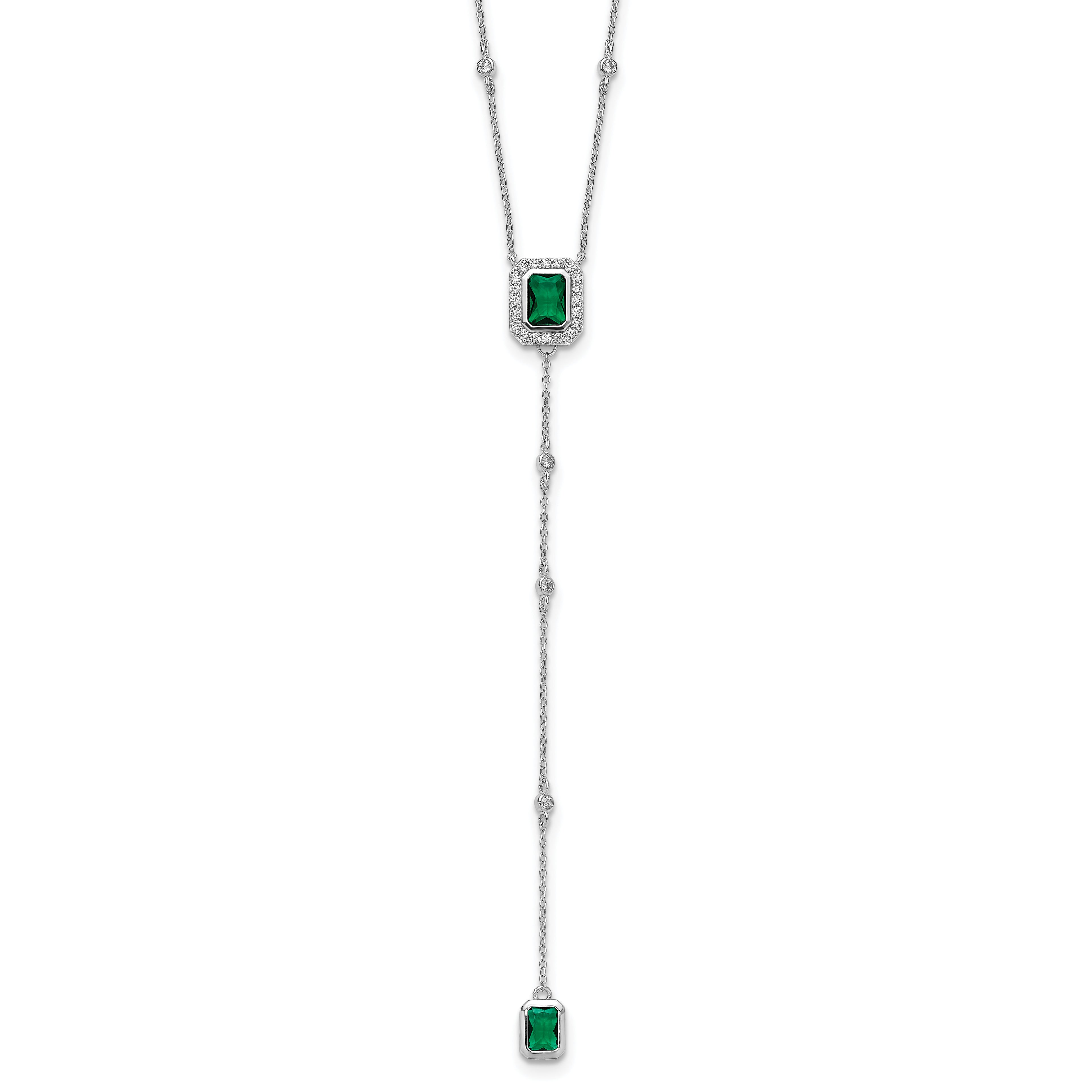 Cheryl M Sterling Silver Rhodium-plated Polished Fancy Green Glass and CZ Lariat Necklace