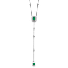 Cheryl M Sterling Silver Rhodium-plated Polished Fancy Green Glass and CZ Lariat Necklace