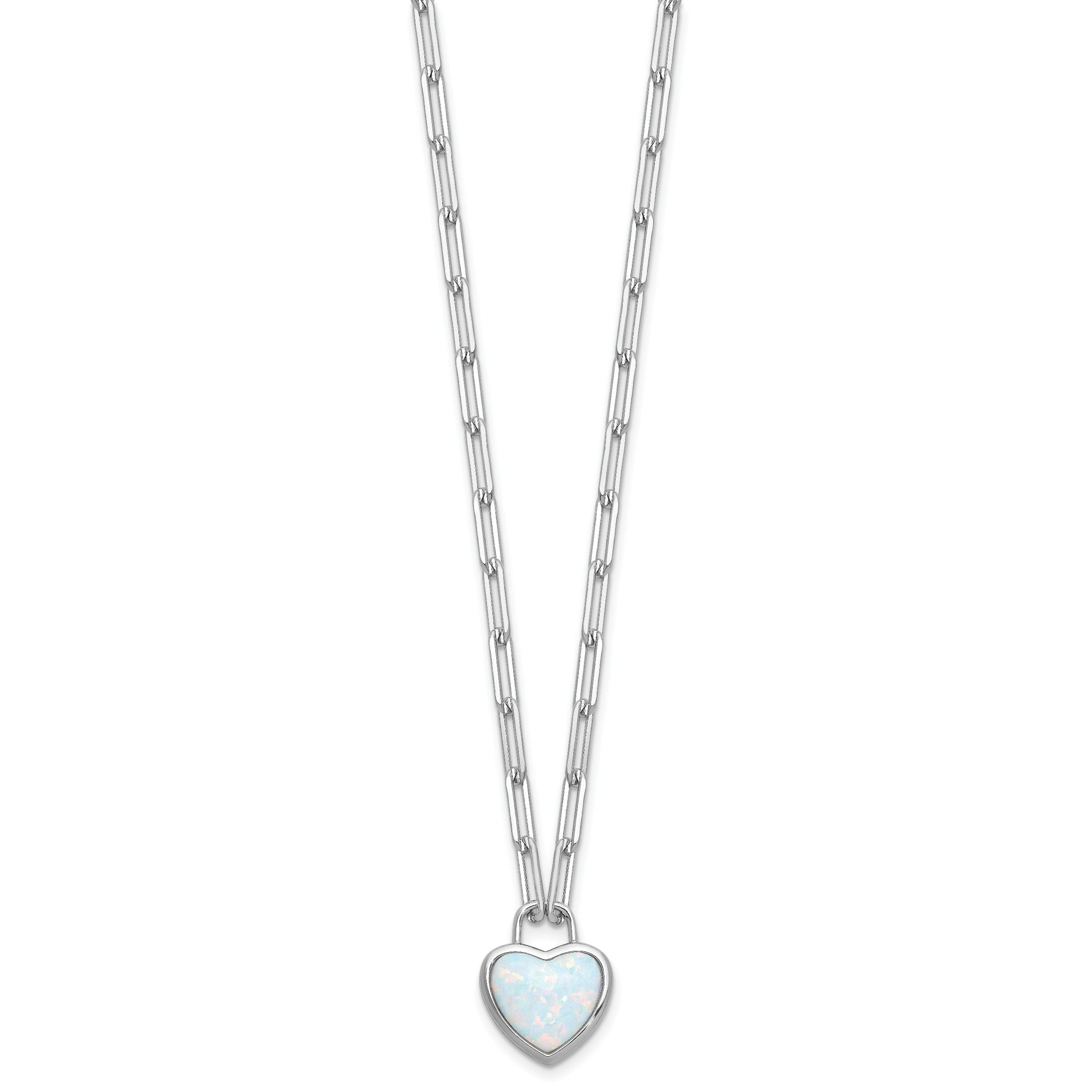 Cheryl M Sterling Silver Rhodium-plated Polished Created Opal Heart Paperclip Link Necklace