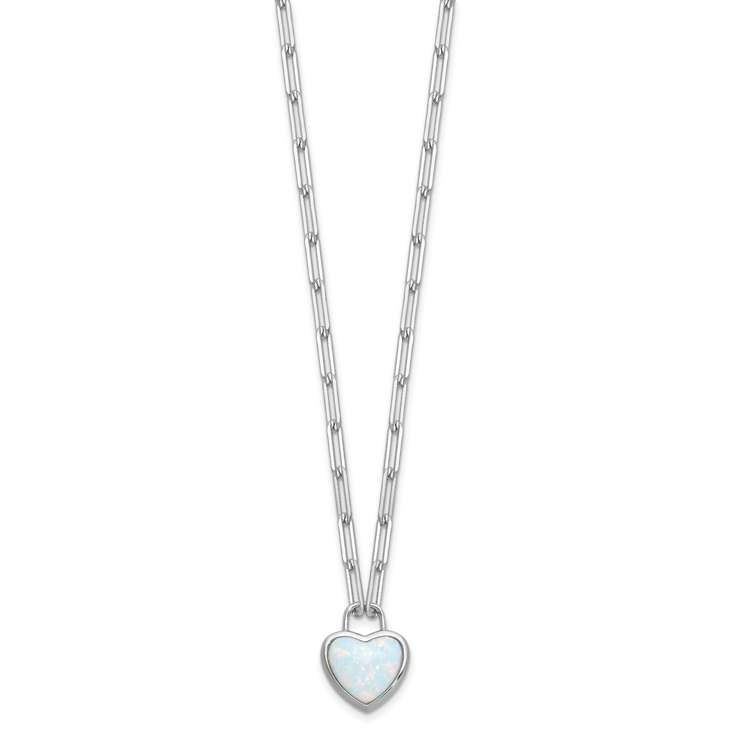Cheryl M Sterling Silver Rhodium-plated Polished Created Opal Heart Paperclip Link Necklace