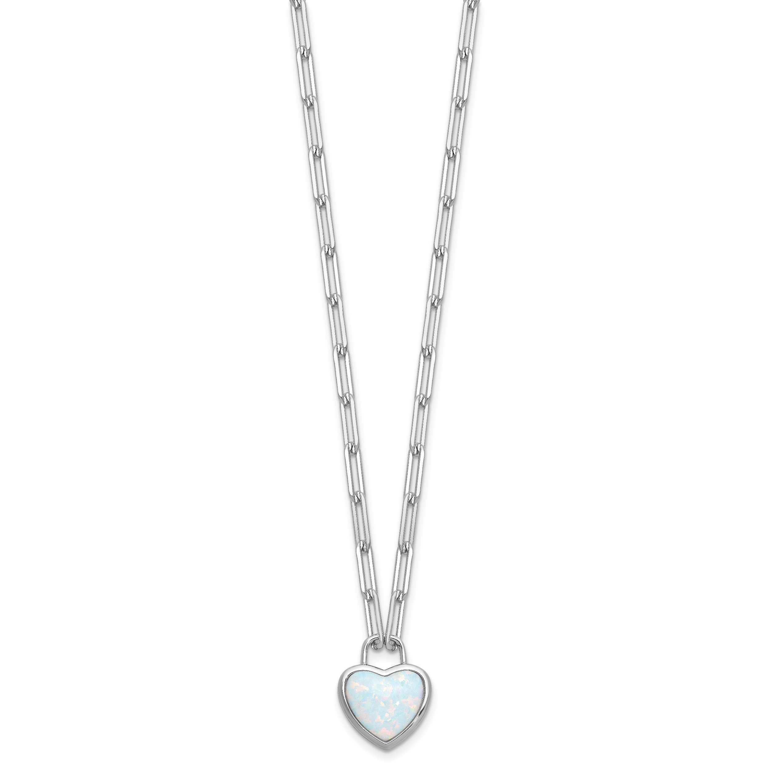 Cheryl M Sterling Silver Rhodium-plated Polished Created Opal Heart Paperclip Link Necklace