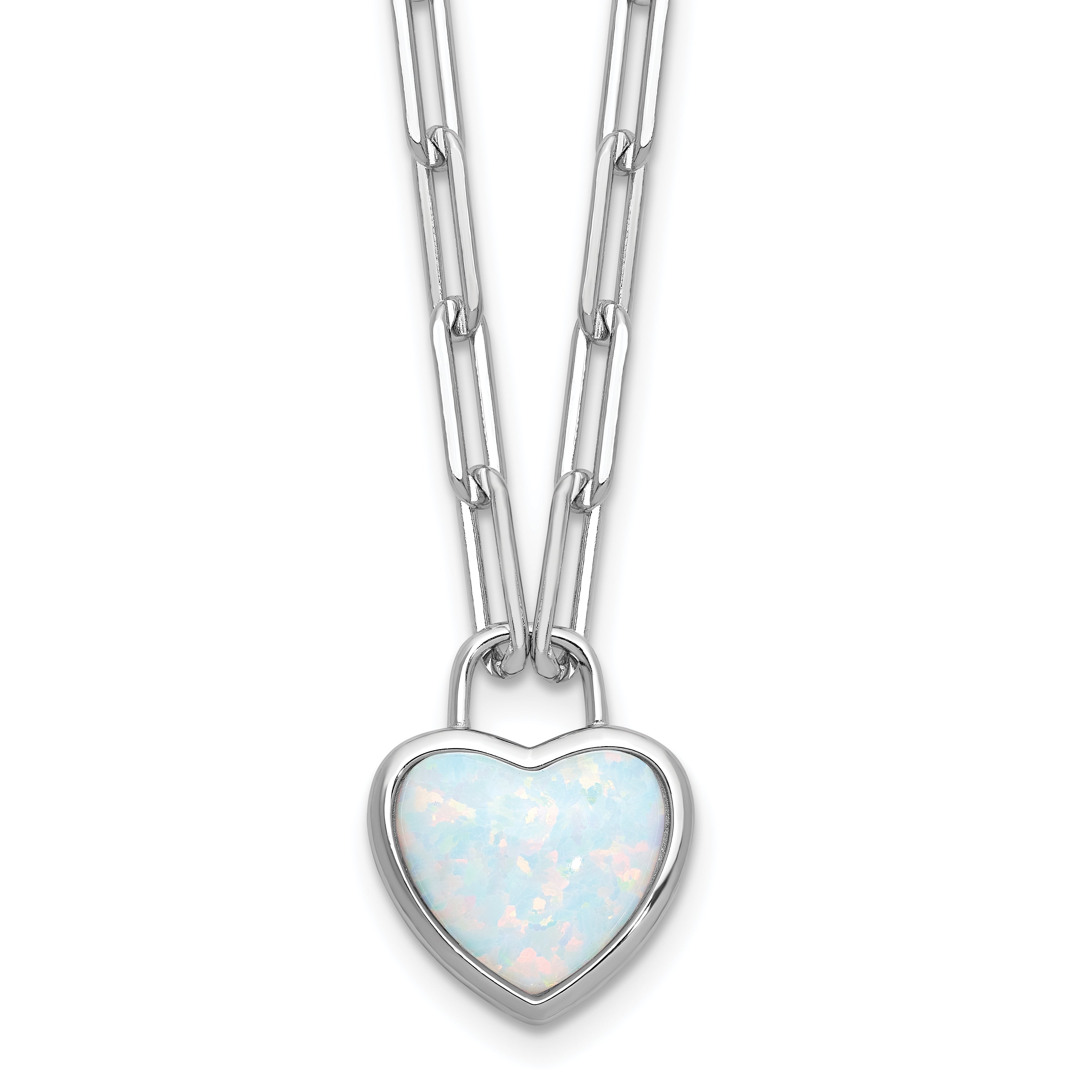 Cheryl M Sterling Silver Rhodium-plated Polished Created Opal Heart Paperclip Link Necklace Main image