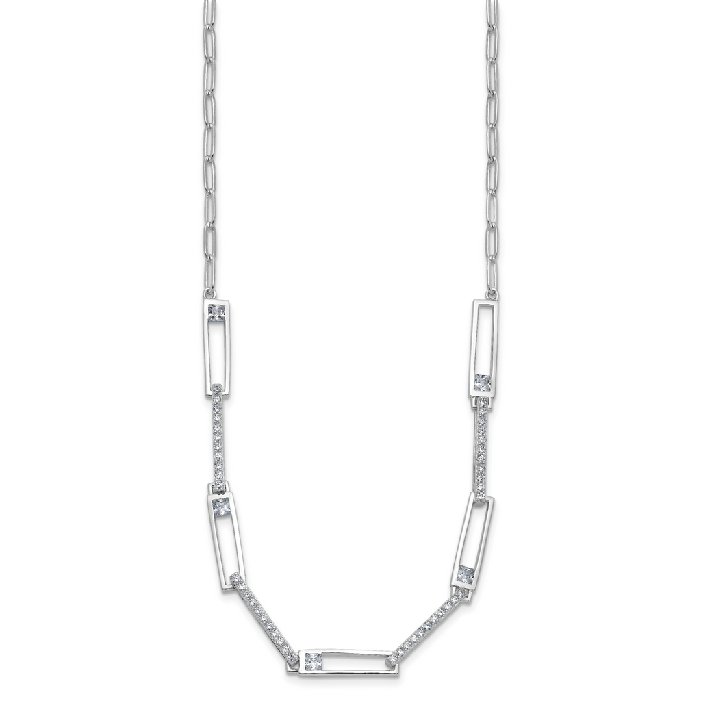 Cheryl M Sterling Silver Rhodium-plated Polished Fancy CZ Rectangular and Paperclip Link Necklace
