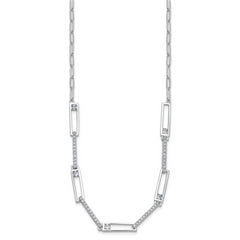 Cheryl M Sterling Silver Rhodium-plated Polished Fancy CZ Rectangular and Paperclip Link Necklace