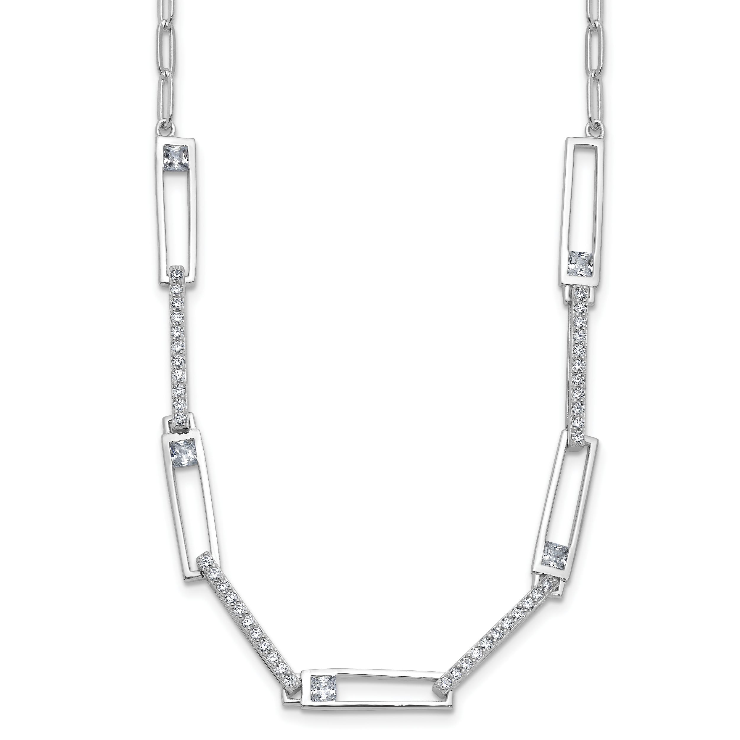 Cheryl M Sterling Silver Rhodium-plated Polished Fancy CZ Rectangular and Paperclip Link Necklace Main image