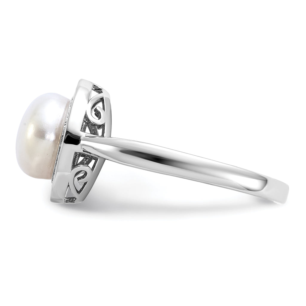 Cheryl M Sterling Silver Rhodium-plated Polished Freshwater Cultured Pearl and CZ Halo Ring