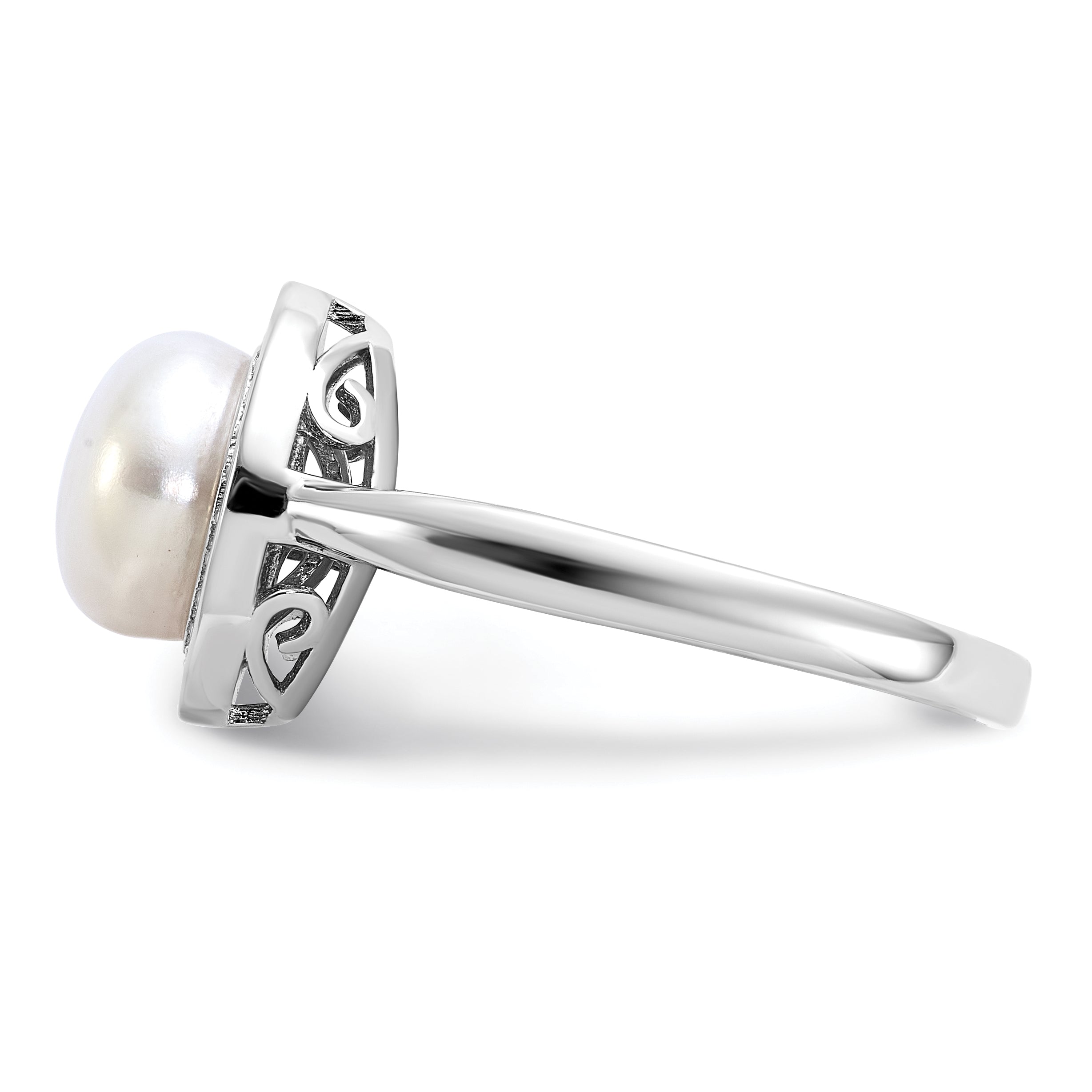 Cheryl M Sterling Silver Rhodium-plated Polished Freshwater Cultured Pearl and CZ Halo Ring