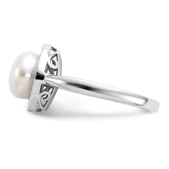 Cheryl M Sterling Silver Rhodium-plated Polished Freshwater Cultured Pearl and CZ Halo Ring