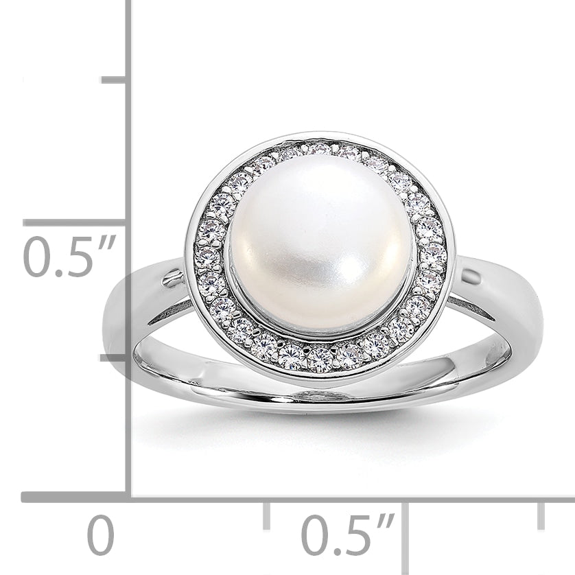 Cheryl M Sterling Silver Rhodium-plated Polished Freshwater Cultured Pearl and CZ Halo Ring