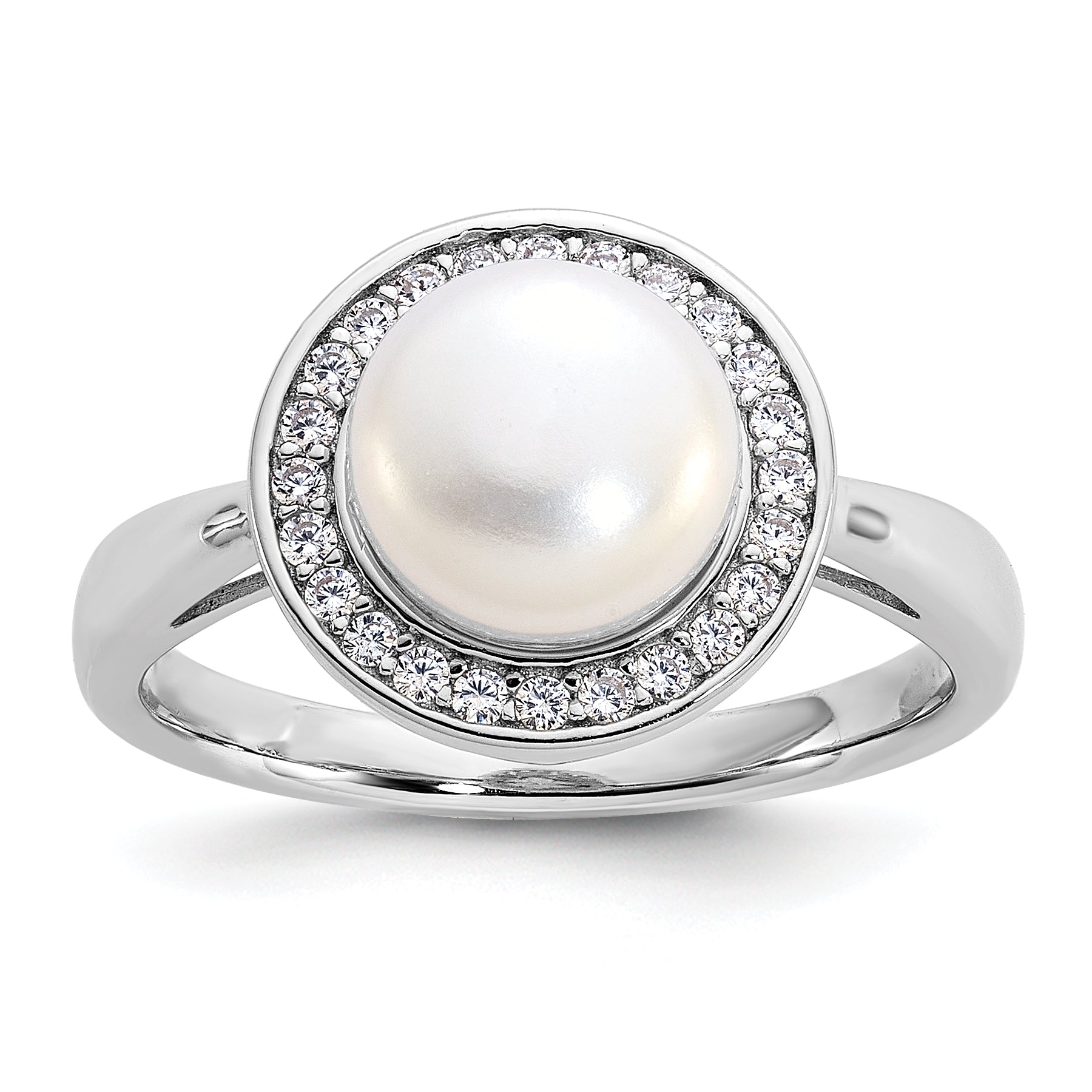 Cheryl M Sterling Silver Rhodium-plated Polished Freshwater Cultured Pearl and CZ Halo Ring Main image
