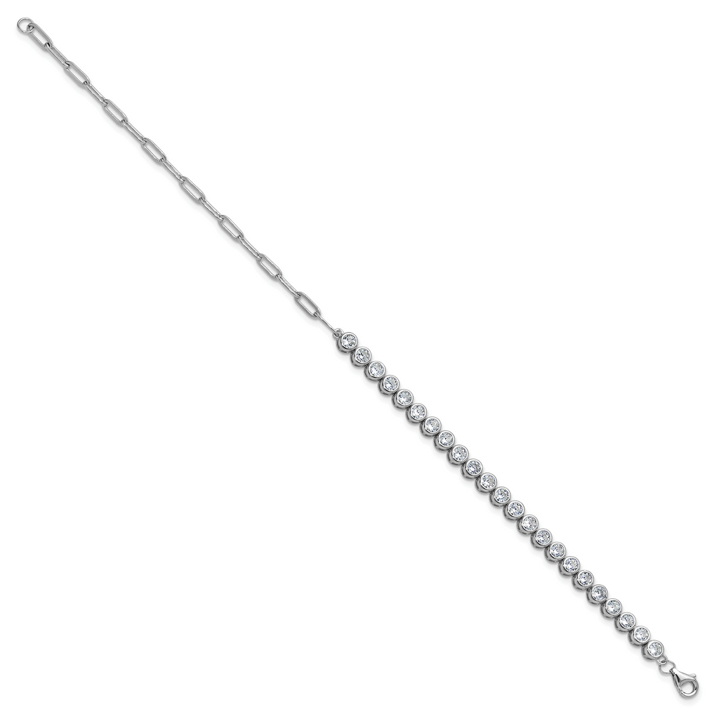 Cheryl M Sterling Silver Rhodium-plated Polished Bezel Set CZ and Paperclip Link Bracelet