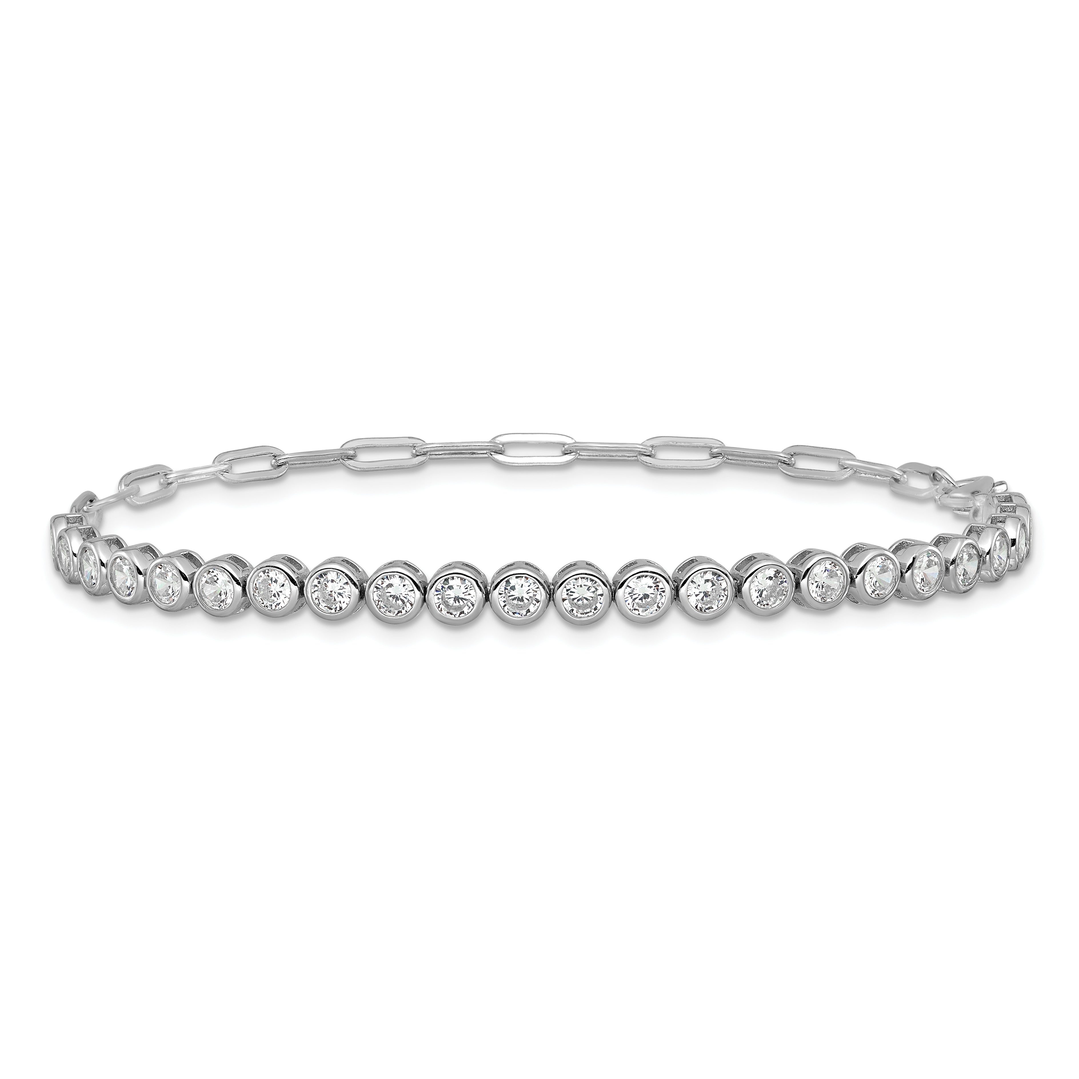 Cheryl M Sterling Silver Rhodium-plated Polished Bezel Set CZ and Paperclip Link Bracelet