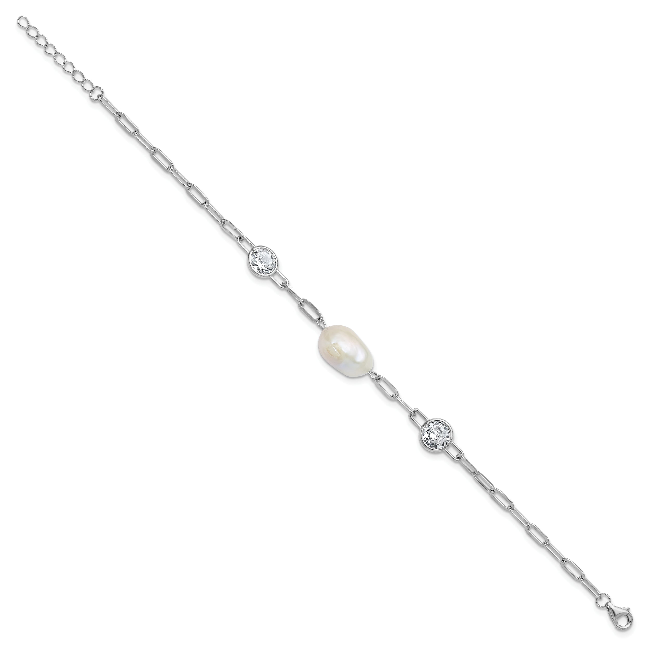 Cheryl M Sterling Silver Rhodium-plated Polished Freshwater Cultured Pearl and CZ Link with .75 Inch Extension Bracelet