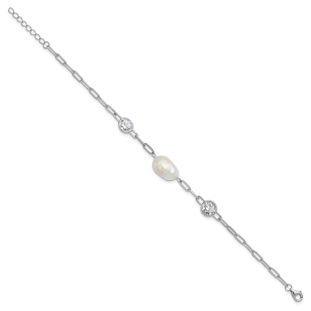 Cheryl M Sterling Silver Rhodium-plated Polished Freshwater Cultured Pearl and CZ Link with .75 Inch Extension Bracelet