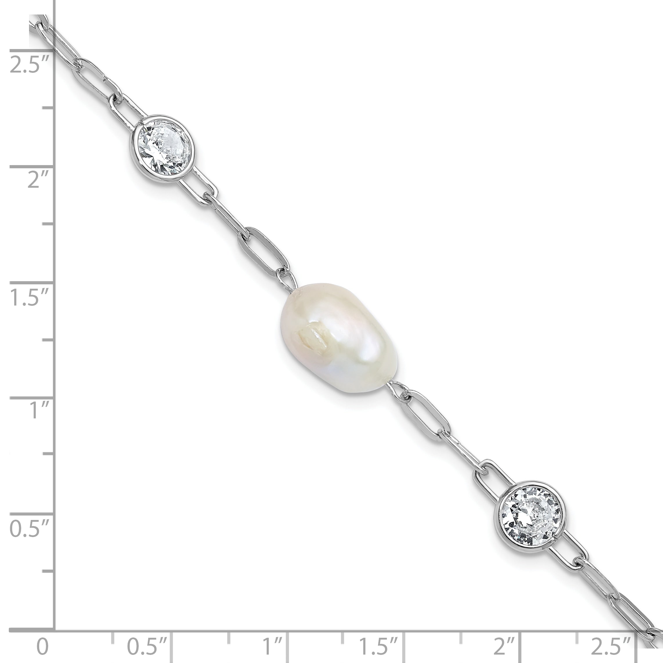 Cheryl M Sterling Silver Rhodium-plated Polished Freshwater Cultured Pearl and CZ Link with .75 Inch Extension Bracelet