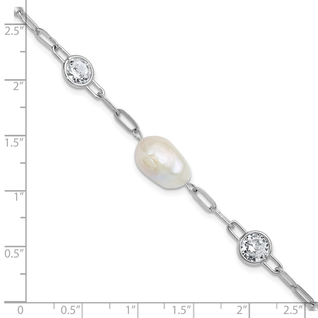 Cheryl M Sterling Silver Rhodium-plated Polished Freshwater Cultured Pearl and CZ Link with .75 Inch Extension Bracelet