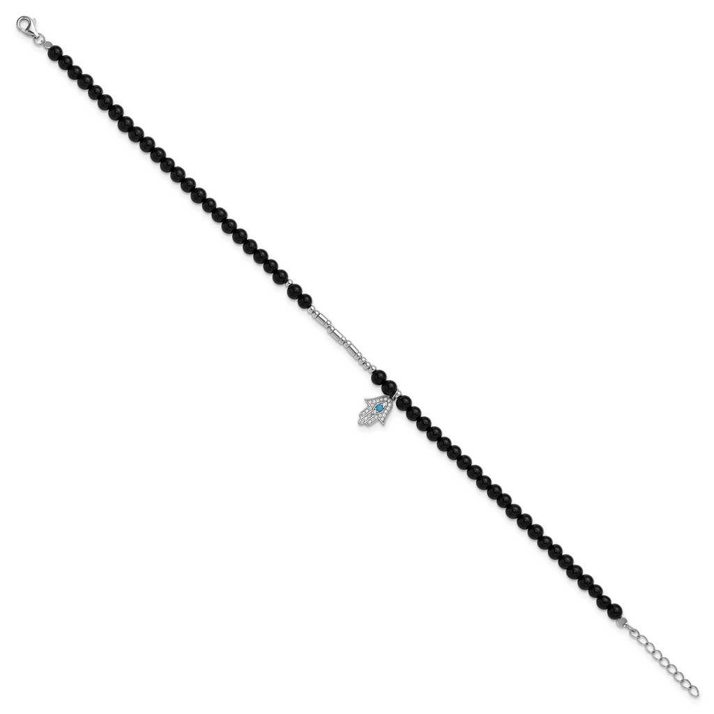 Cheryl M Sterling Silver Rhodium-plated Polished Onyx Crystal and CZ Hamsa 9.5 Inch with 1 Inch Extension Anklet