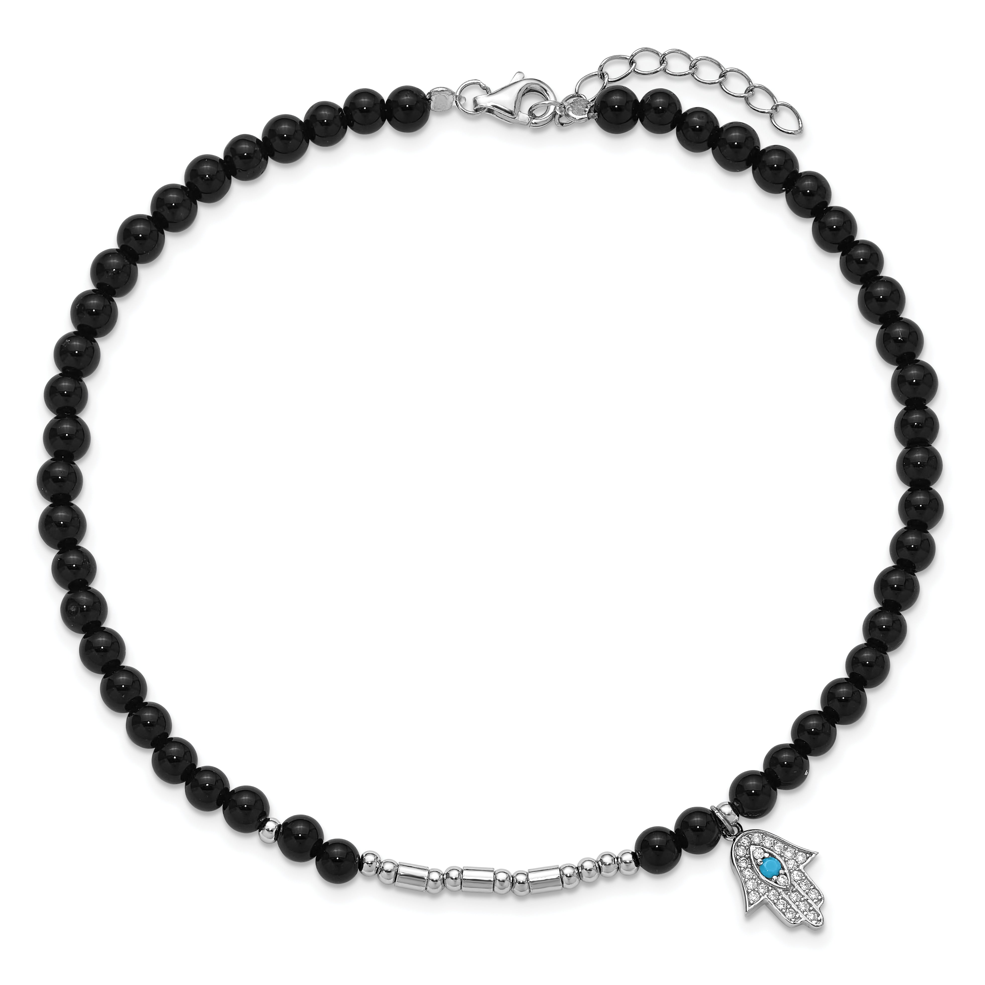 Cheryl M Sterling Silver Rhodium-plated Polished Onyx Crystal and CZ Hamsa 9.5 Inch with 1 Inch Extension Anklet