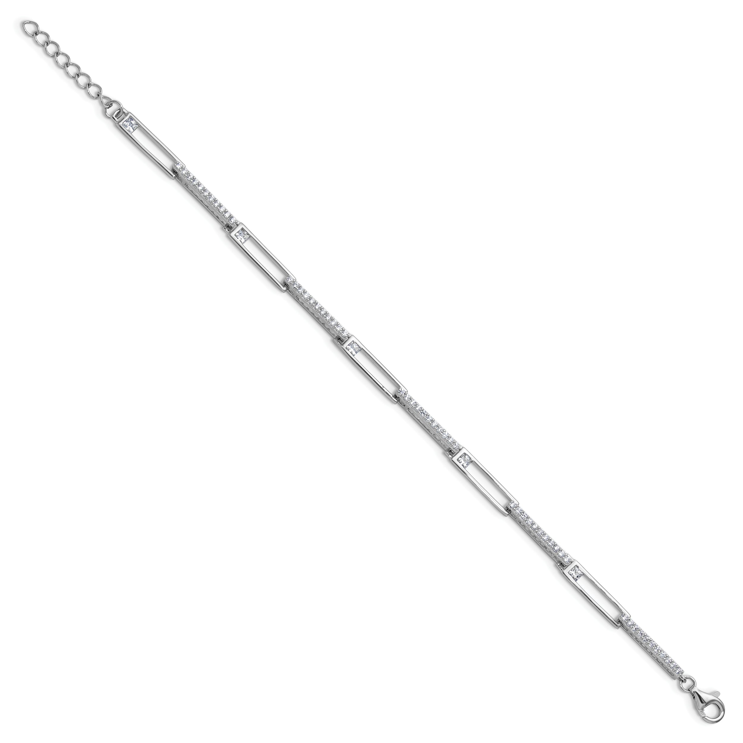 Cheryl M Sterling Silver Rhodium-plated Polished CZ Rectangular Link with 1 Inch Extension Bracelet