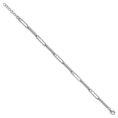 Cheryl M Sterling Silver Rhodium-plated Polished CZ Rectangular Link with 1 Inch Extension Bracelet