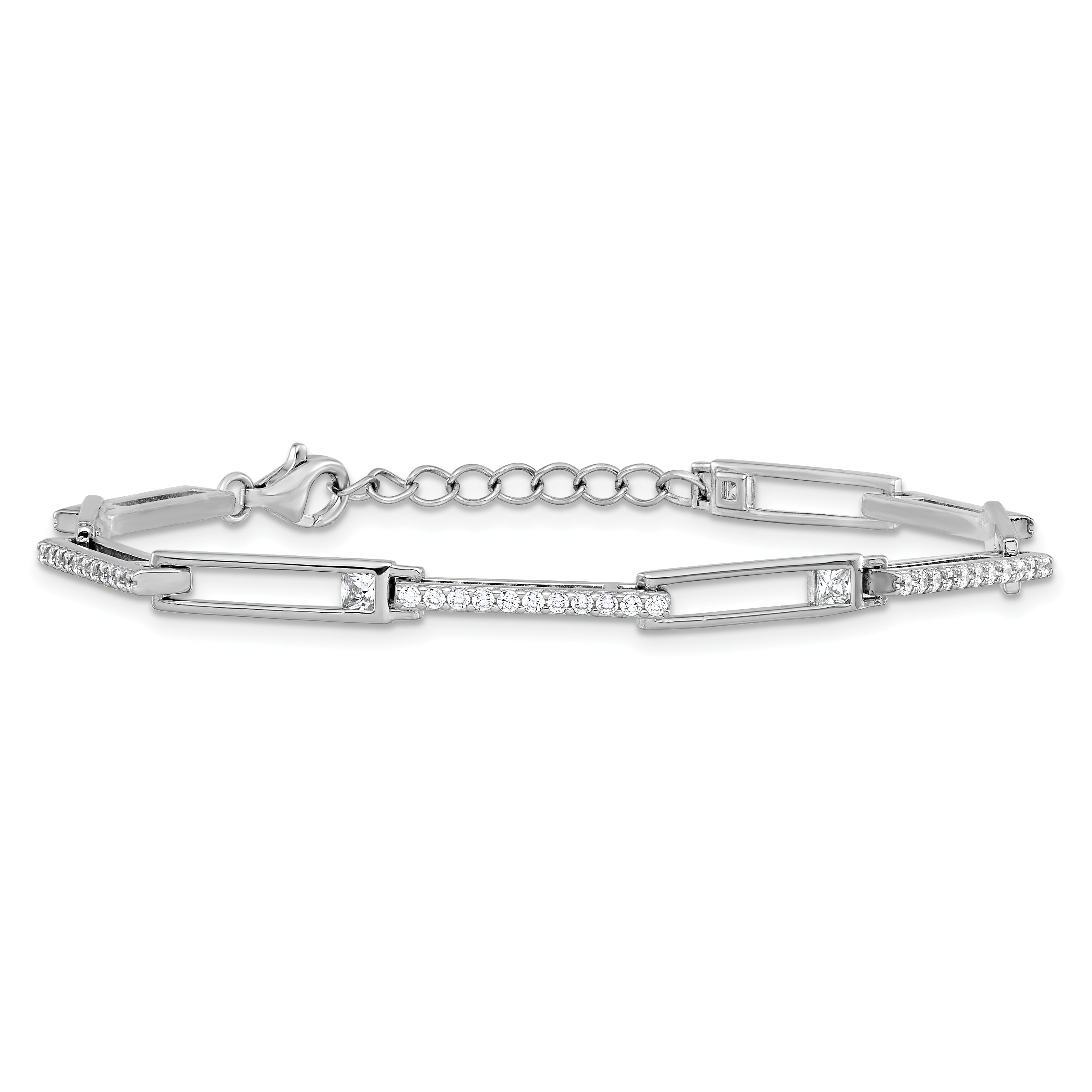 Cheryl M Sterling Silver Rhodium-plated Polished CZ Rectangular Link with 1 Inch Extension Bracelet