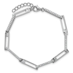 Cheryl M Sterling Silver Rhodium-plated Polished CZ Rectangular Link with 1 Inch Extension Bracelet