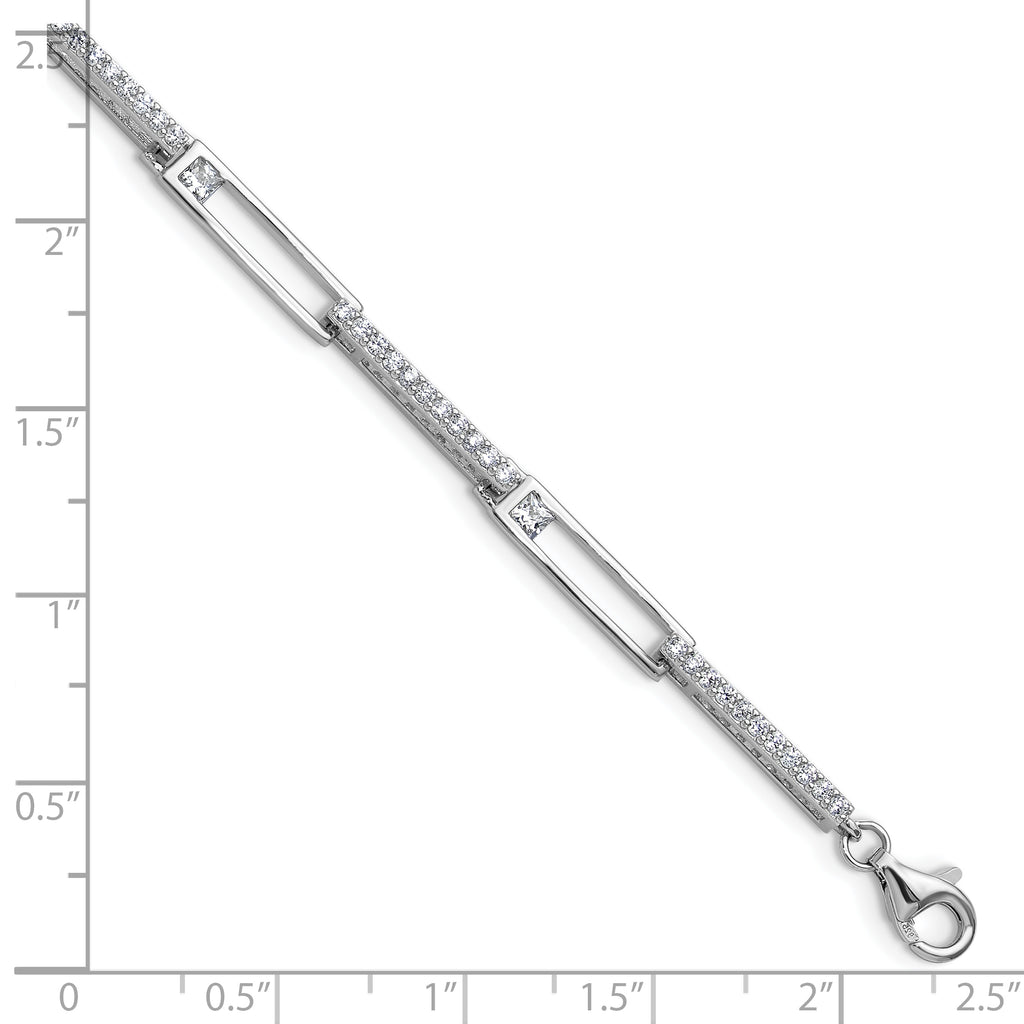 Cheryl M Sterling Silver Rhodium-plated Polished CZ Rectangular Link with 1 Inch Extension Bracelet