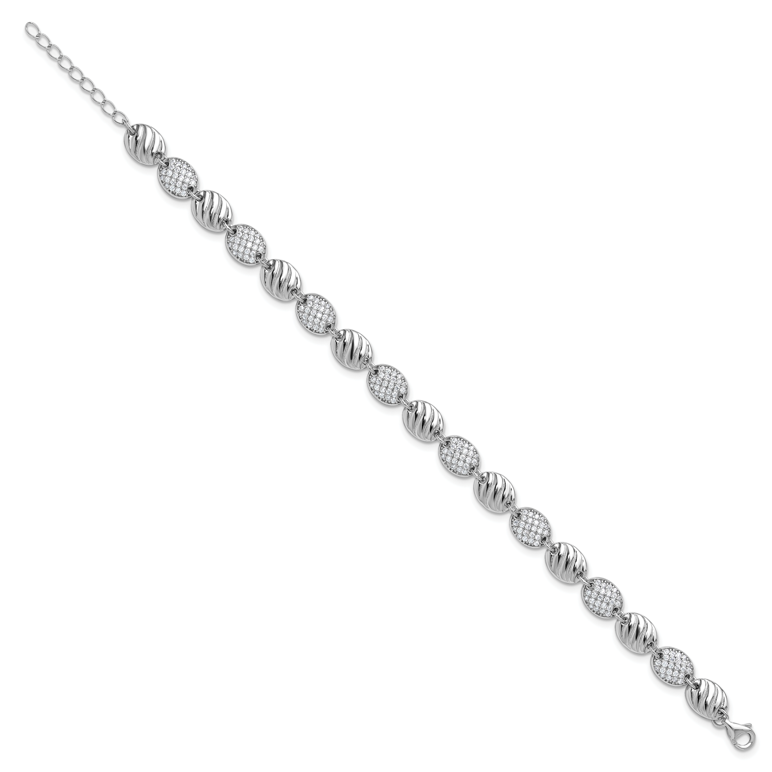 Cheryl M Sterling Silver Rhodium-plated Polished and Grooved CZ Ovals with 1 Inch Extension Bracelet