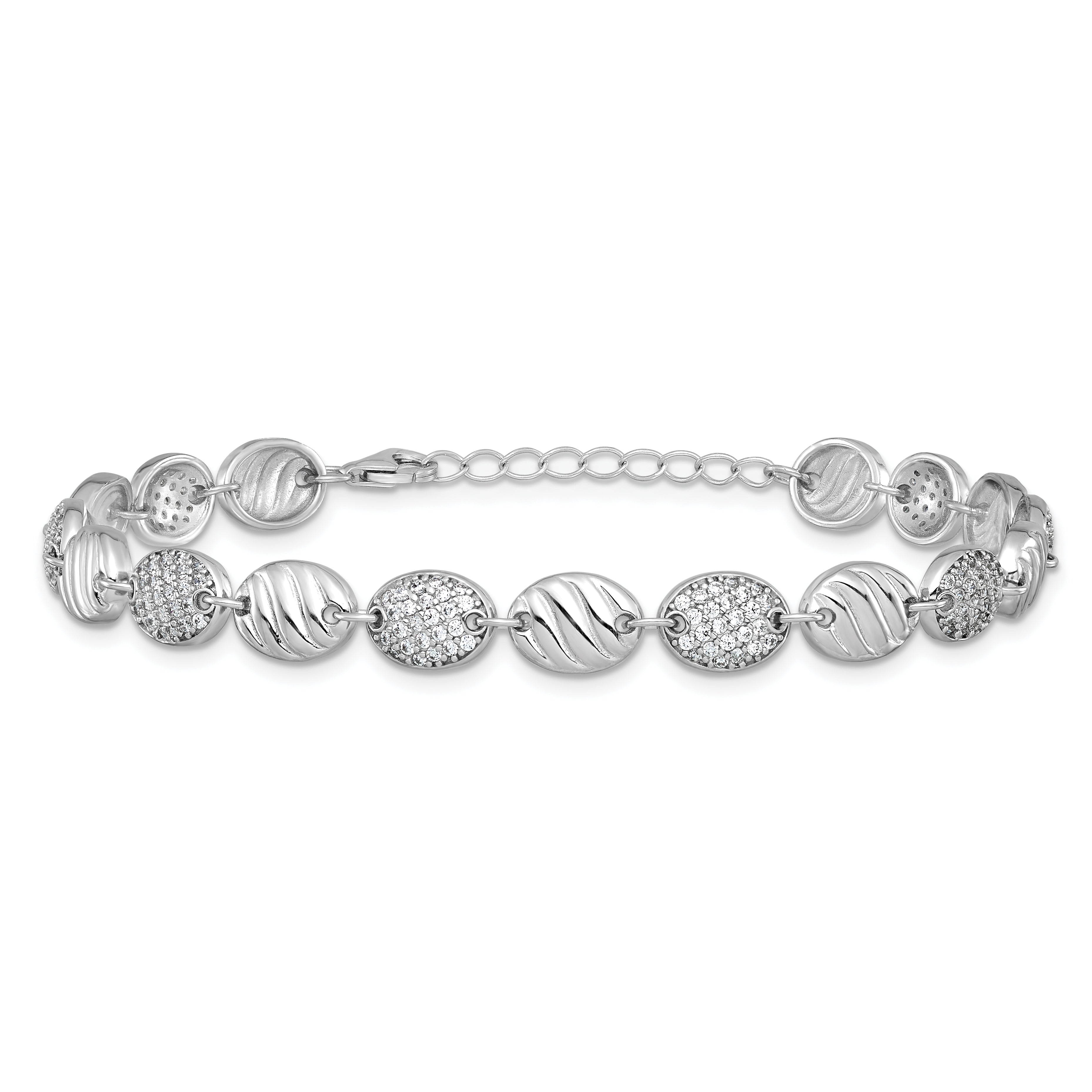 Cheryl M Sterling Silver Rhodium-plated Polished and Grooved CZ Ovals with 1 Inch Extension Bracelet
