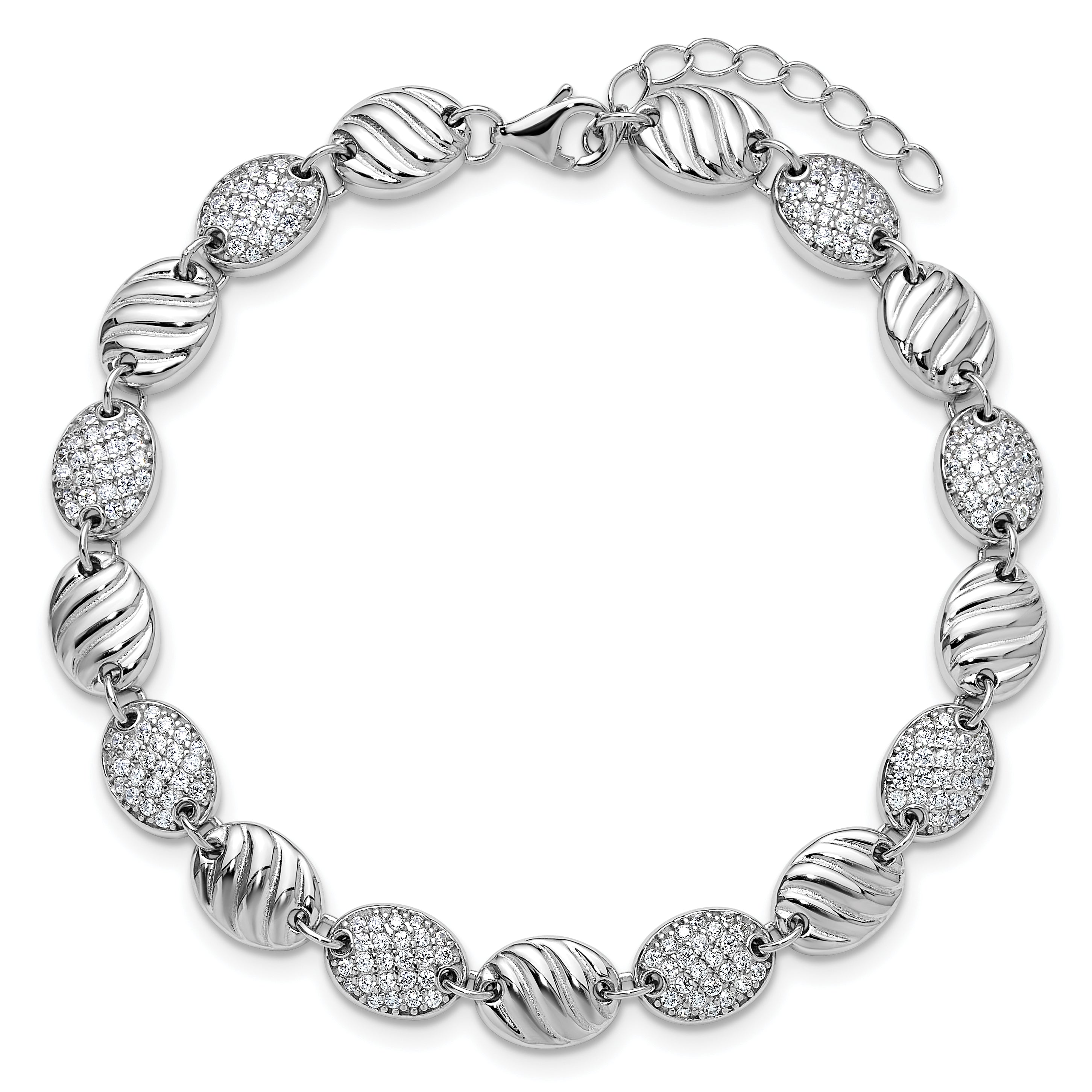 Cheryl M Sterling Silver Rhodium-plated Polished and Grooved CZ Ovals with 1 Inch Extension Bracelet