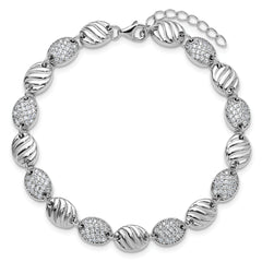 Cheryl M Sterling Silver Rhodium-plated Polished and Grooved CZ Ovals with 1 Inch Extension Bracelet