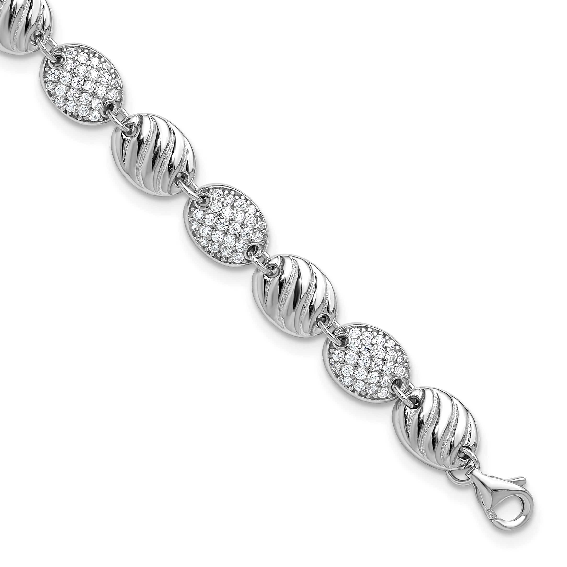 Cheryl M Sterling Silver Rhodium-plated Polished and Grooved CZ Ovals with 1 Inch Extension Bracelet