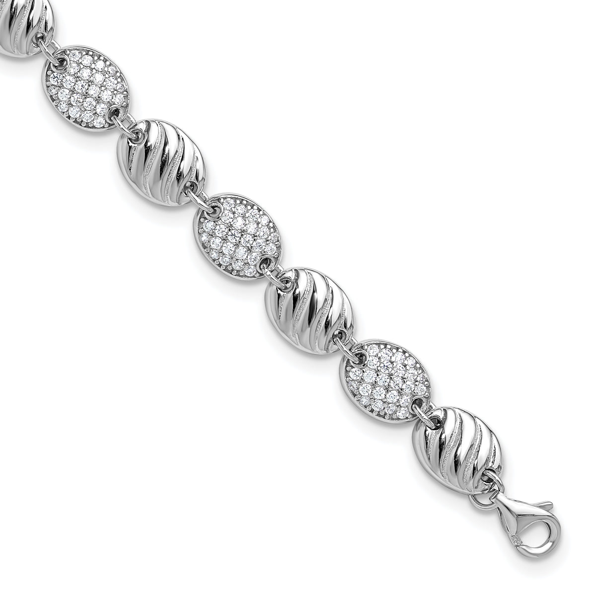 Cheryl M Sterling Silver Rhodium-plated Polished and Grooved CZ Ovals with 1 Inch Extension Bracelet